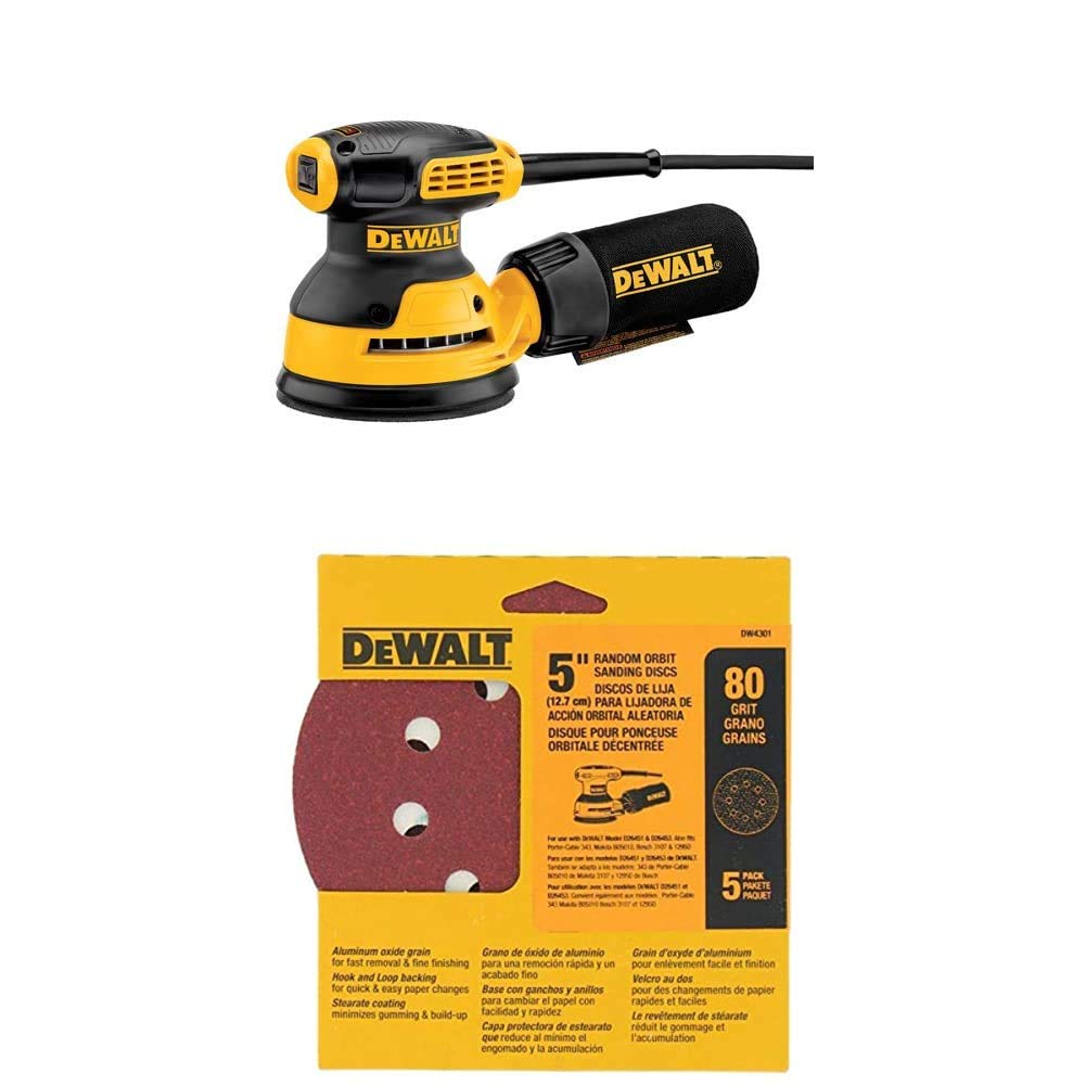 DEWALT DWE6421 5-Inch Random Orbit Sander with Hook & Loop Pad + 5-Pack DW4301 80-Grit Sanding Discs - Perfect for Woodworking, Furniture Refinishing & DIY Home Projects