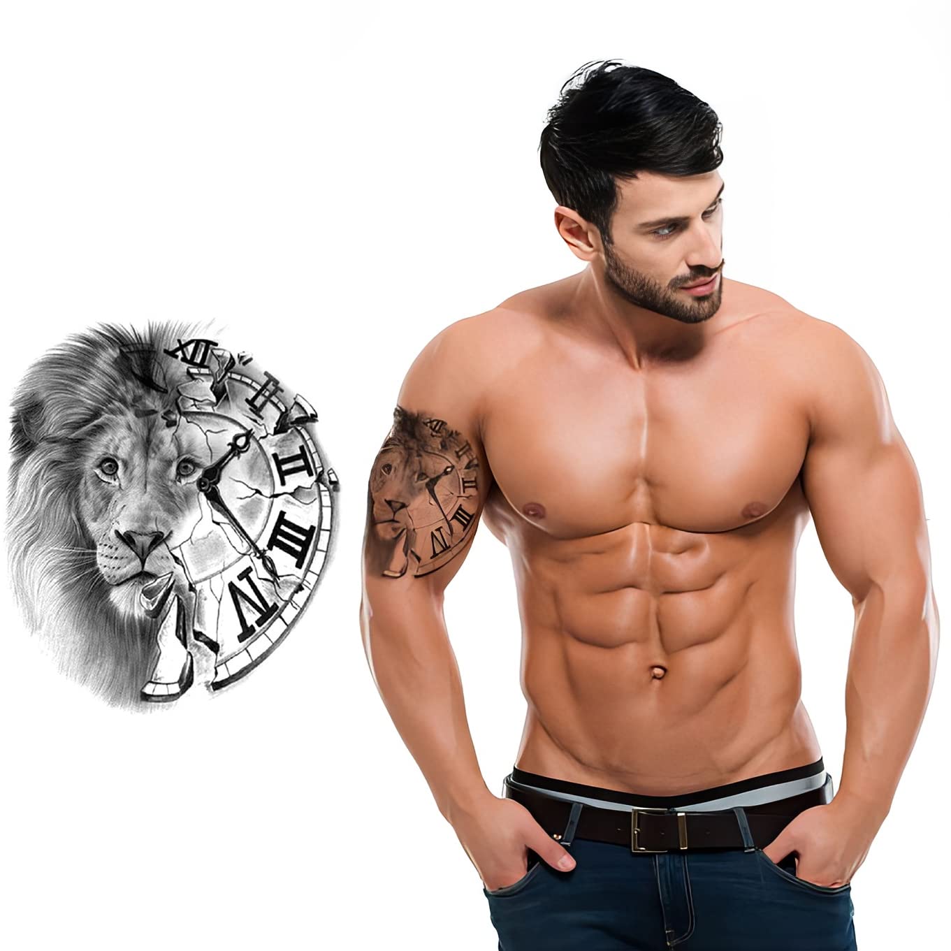 Waterproof Temporary Tattoos for Men & Women - Lion Face with Half Clock Design | Long Lasting Fake Tattoos for Parties, Halloween & Cosplay | S.A.V.I Fashion Body Art