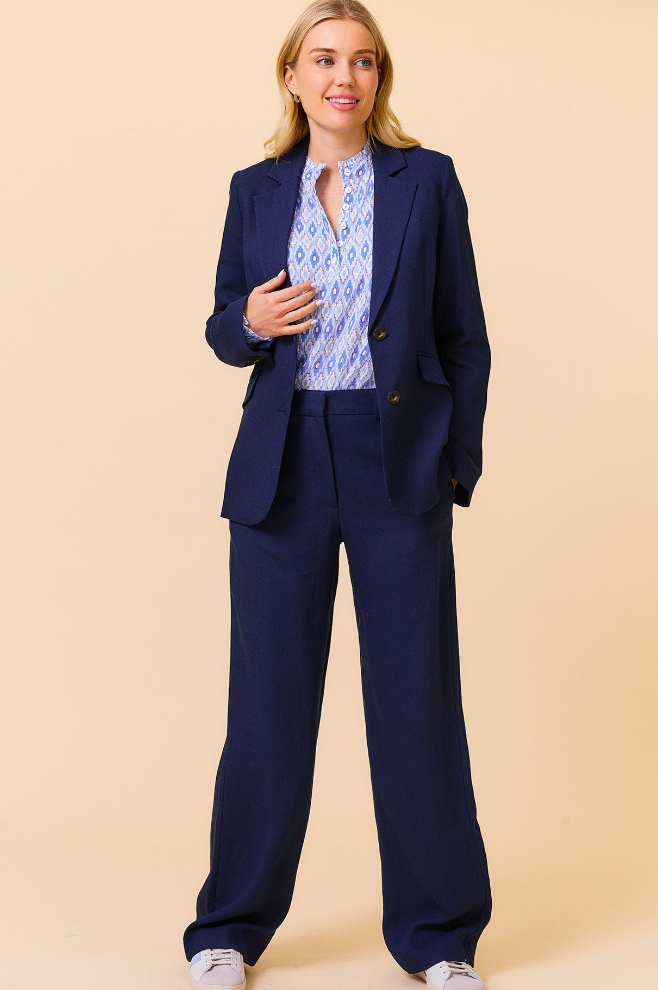 Premium Linen Blend Blazer for Women - Navy Blue Slim Fit Business Casual Jacket - Perfect for Office Wear, Weddings & Summer Outfits