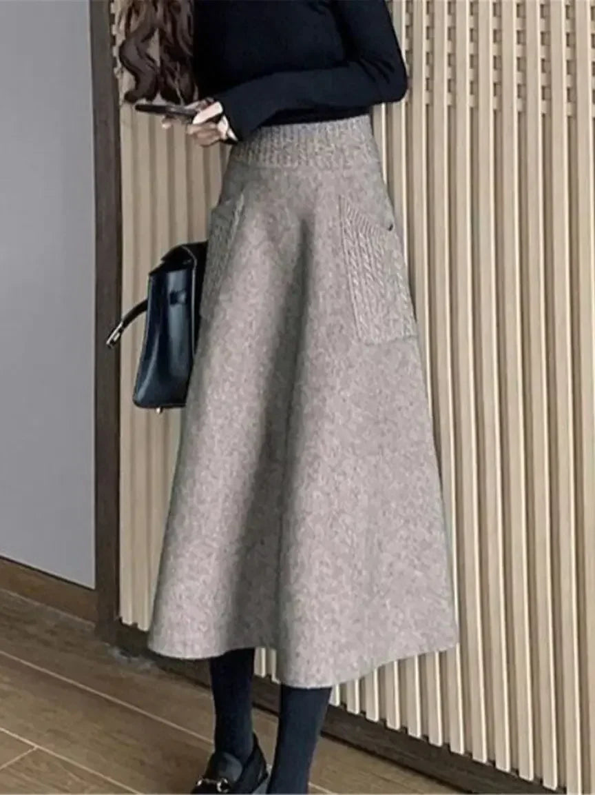 Women's High Waist Wool Knit Skirt - Warm Winter Long Skirt with Pockets, Loose Fit Mid-Calf Length Solid Color (B790) | Perfect for Office Wear, Casual Outfits & Holiday Season