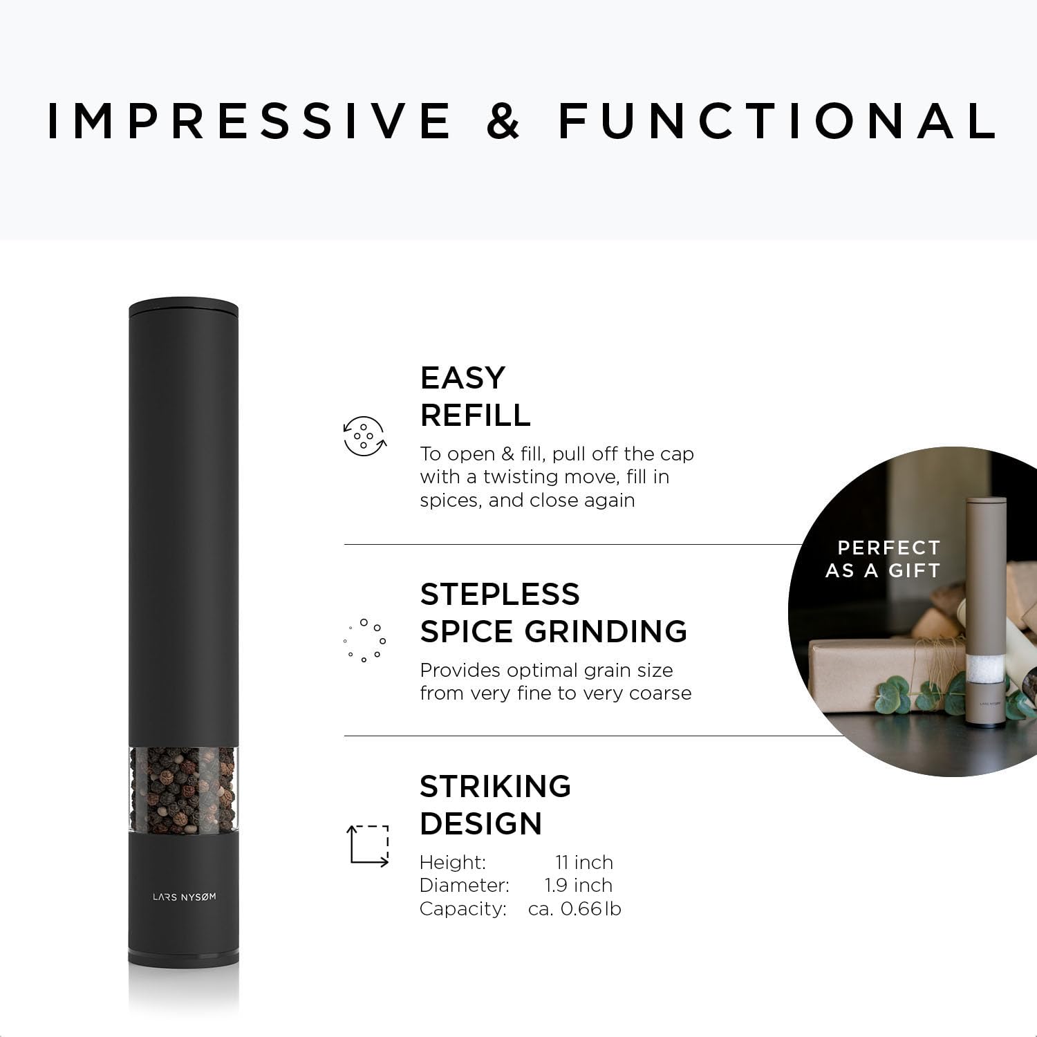 Premium Adjustable Ceramic Salt and Pepper Grinder Set - Manual Spice Mill with Coarse to Fine Grind - Modern Carbon Black Design for Kitchen, Dining Table & Outdoor Cooking