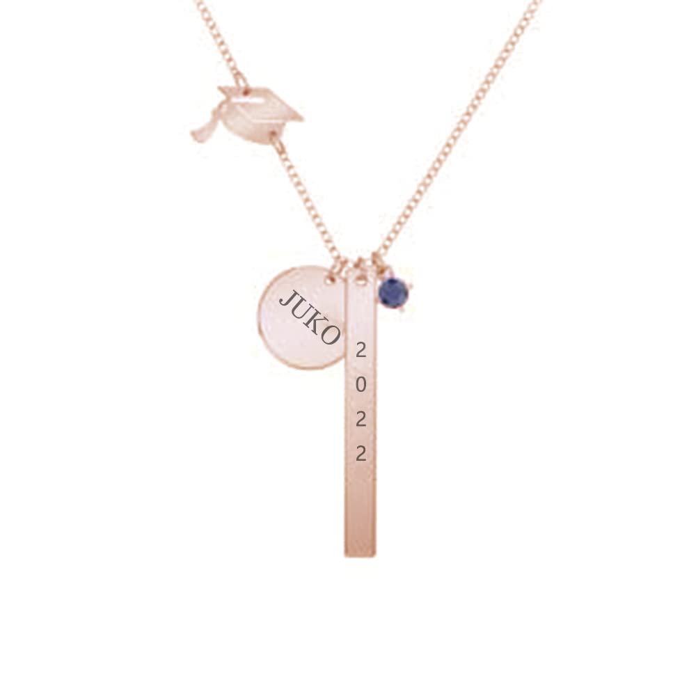 2022 Graduation Personalized Birthstone Necklace - Custom Name Disc Bar Charm Jewelry Gift for Her | Perfect for Graduation Ceremony, Birthday Present & Special Occasions