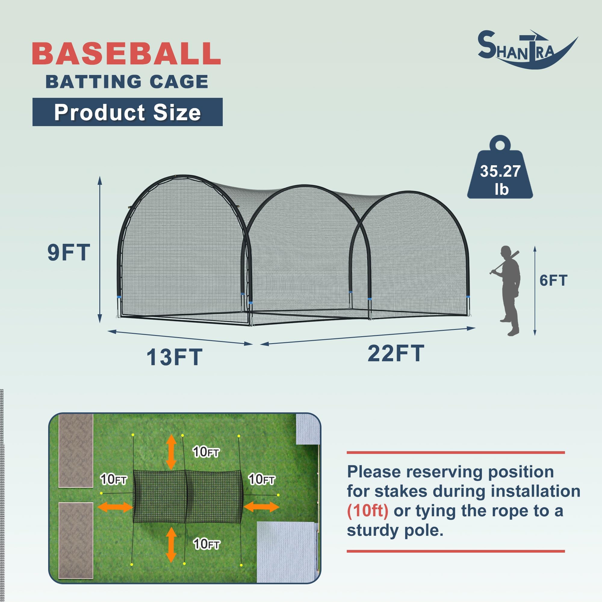 SHANTRA 13FT/22FT/30FT Baseball Batting Cage with Frame & Net - Portable Backyard Hitting Cage for Baseball & Softball Practice | Perfect for Outdoor Hitting Drills, Pitching Training & Backyard Sports (Ideal for Coaches, Players & Home Practice)