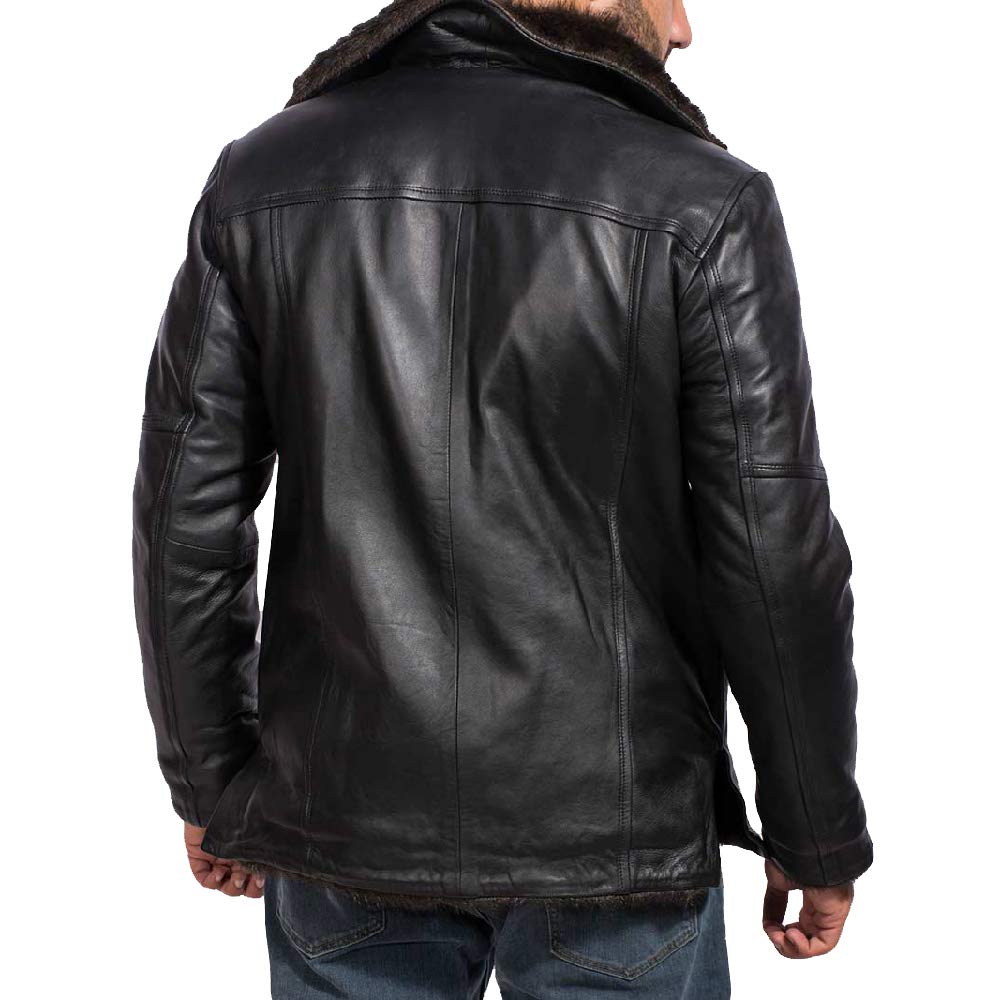 The Jacket Maker Furcliff Men's Black Leather Faux Fur Coat | Warm Sheepskin Style Winter Jacket for Men | Stylish Faux Fur Lined Coat for Cold Weather & Outdoor Activities