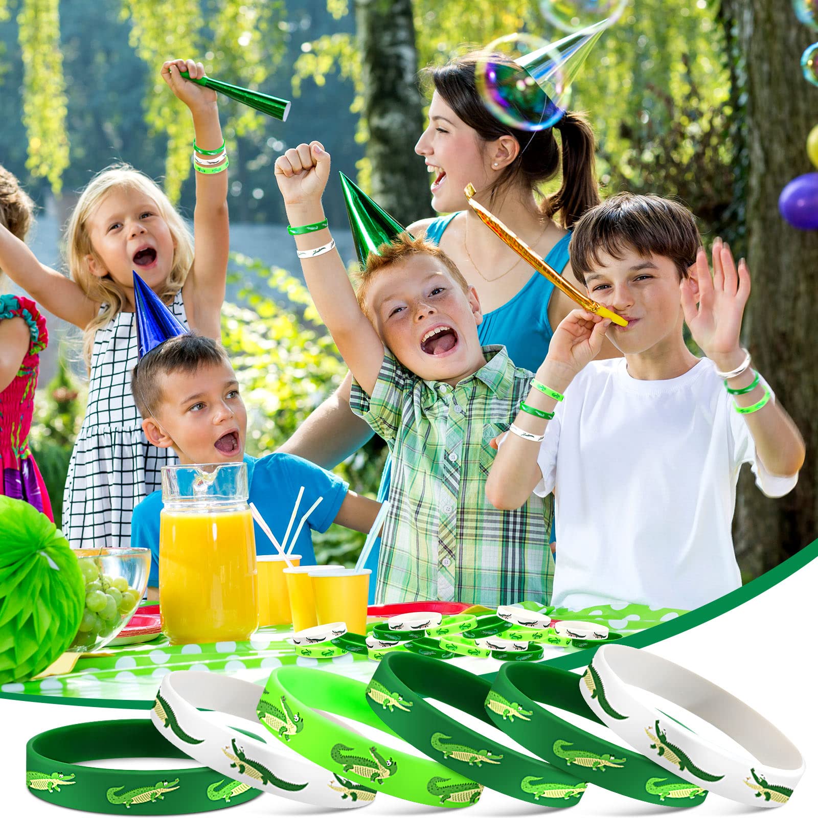 Junkin 30 Pack Reptile Party Supplies - Silicone Wristbands, Crocodile Favors Bracelets for Kids, Birthday Party Gifts & Bag Stuffers - Perfect for Reptile Themed Parties, Zoo Events & Classroom Rewards (Crocodile Design)