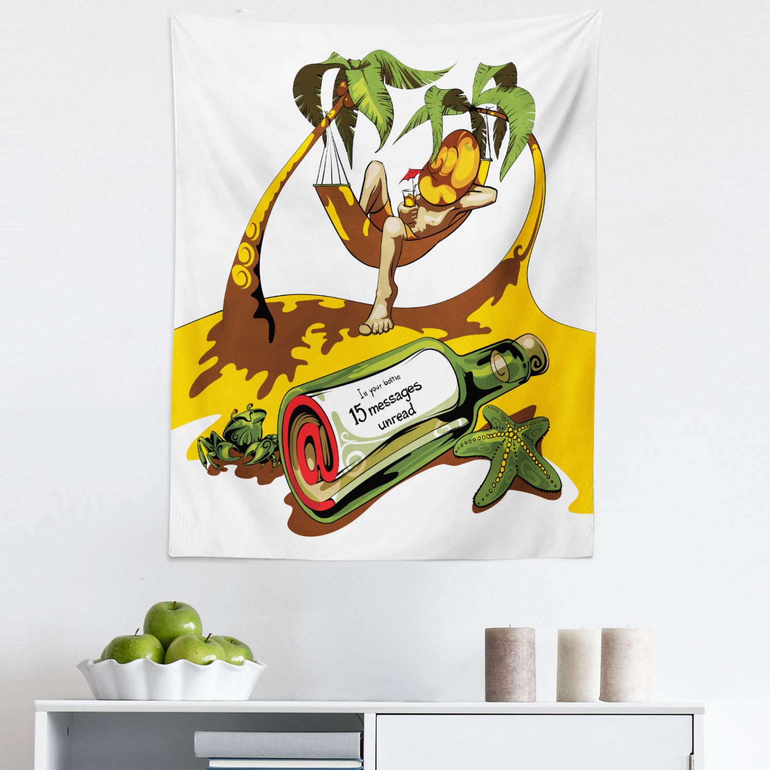 Ambesonne Beach Tapestry Wall Art - Tropical Hammock & Message in Bottle Coastal Design - Fabric Wall Hanging Decor for Bedroom, Living Room, Dorm - 23