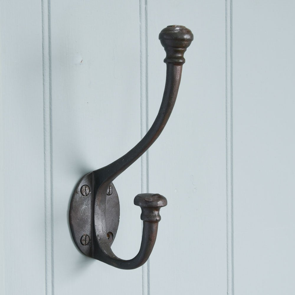 Forged Black Beeswax Double Coat Hook - Large Wall Mounted Hanger for Jackets, Hats & Bags - Perfect for Entryway, Mudroom & Bathroom Organization