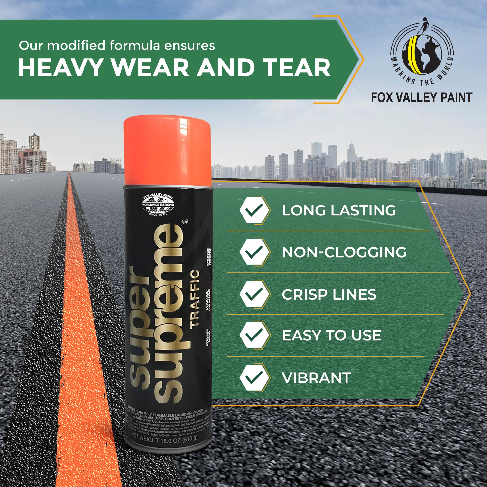 Fox Valley Super Supreme Traffic Spray Paint - 18 oz (Pack of 12), Orange - High-Performance Road Marking Paint for Parking Lots, Sidewalks, Warehouses & Factory Floors - Quick-Drying, Easy to Use for Professional & DIY Projects - Perfect for Safety Markings, Traffic Lines & Floor Organization