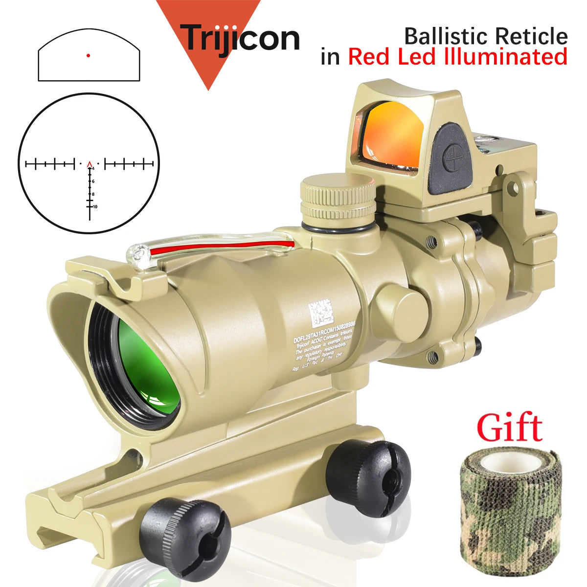 Trijicon 4x32 ACOG Scope with Red/Green Fiber Optic & Etched Reticle - Tactical Rifle Sight with RMR Red Dot for Airsoft & Hunting | Perfect for Close Quarters Combat & Long-Range Shooting