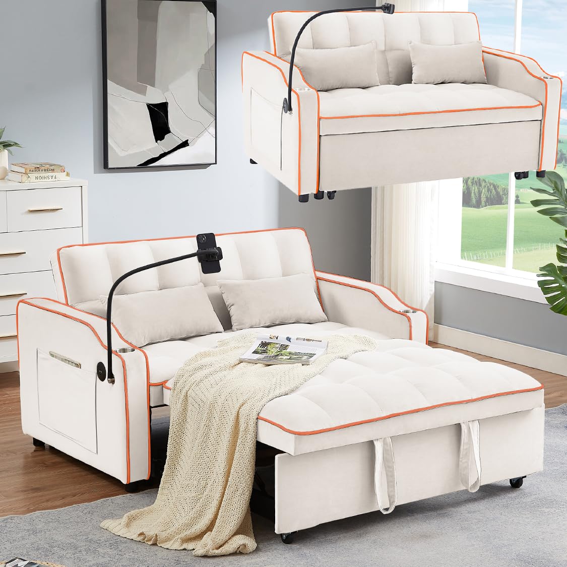 Convertible Sleeper Sofa Bed with USB Ports & Swivel Phone Holder - Modern Velvet Loveseat Futon with Cup Holders - Space Saving Pull Out Sofa Bed for Small Apartments, Dorms & Guest Rooms (Beige) - Perfect for Living Rooms, Studios & Home Offices