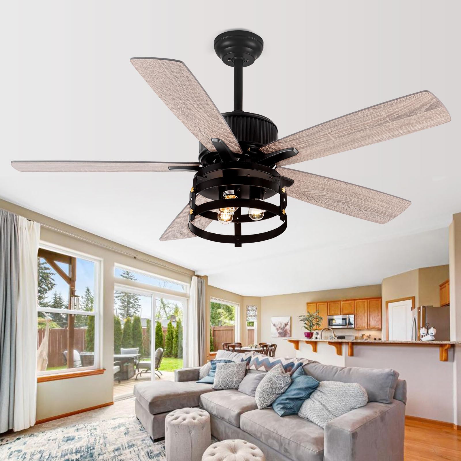 52 Inch Farmhouse Rustic Ceiling Fan with Lights - Industrial Style Outdoor/Indoor Reversible Fan with Large Airflow, Dual Finish Blades & Timer - Perfect for Patio, Living Room, Bedroom and Covered Porch