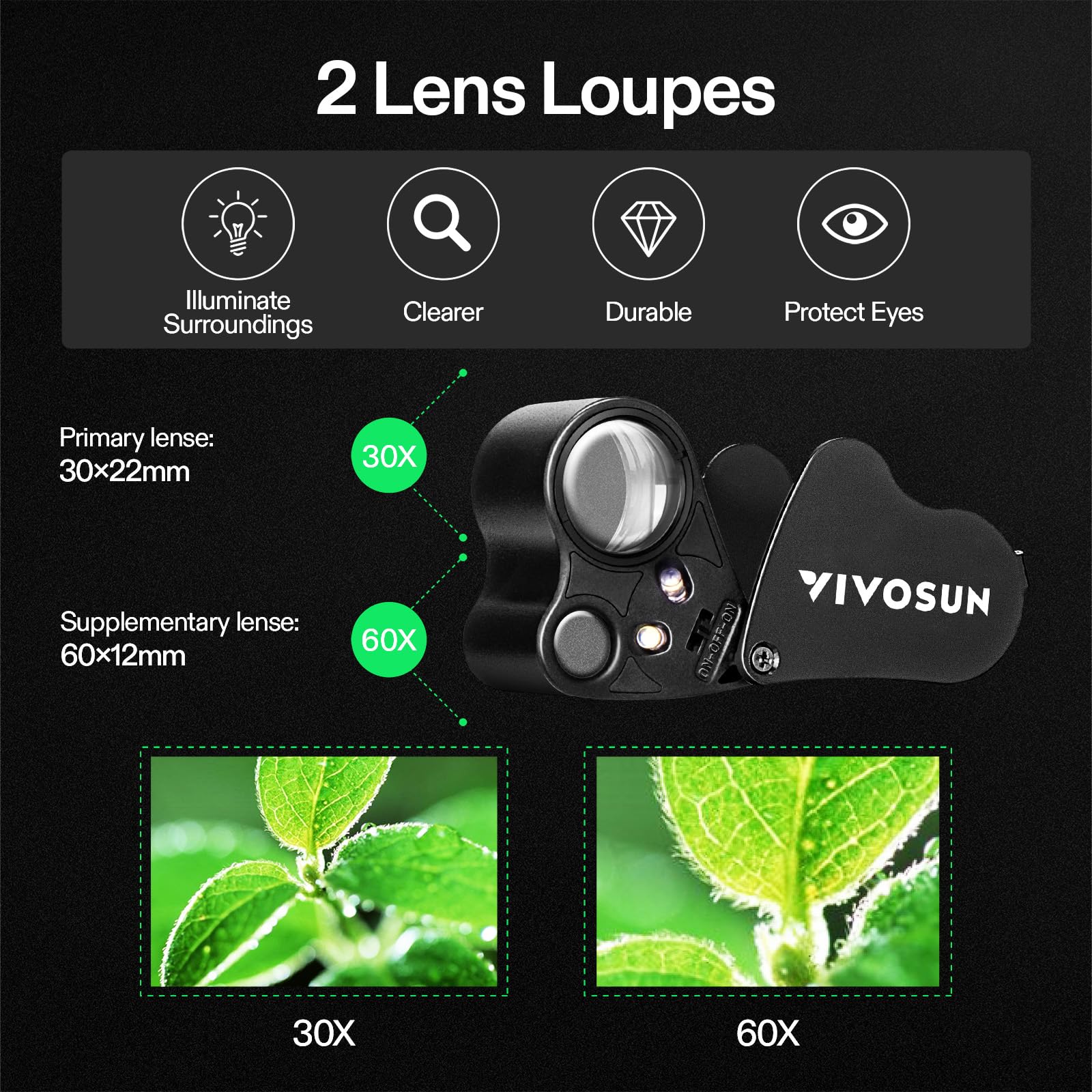 VIVOSUN 30X 60X LED Illuminated Jewelers Loupe - Foldable Magnifying Glass for Jewelry, Gems, Watches, Coins, Stamps & Antiques - Perfect for Gemologists, Collectors & Hobbyists (Black)