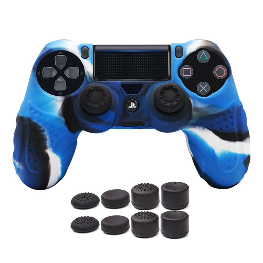 Anti-Slip Silicone Cover for PS4 Controller - DualShock 4 Skin Grip Protector Case Compatible with Sony PS4/PS4 Slim/PS4 Pro - Includes 8 Thumb Grips (Camouflage Blue) - Perfect for Gaming, Protection & Enhanced Grip