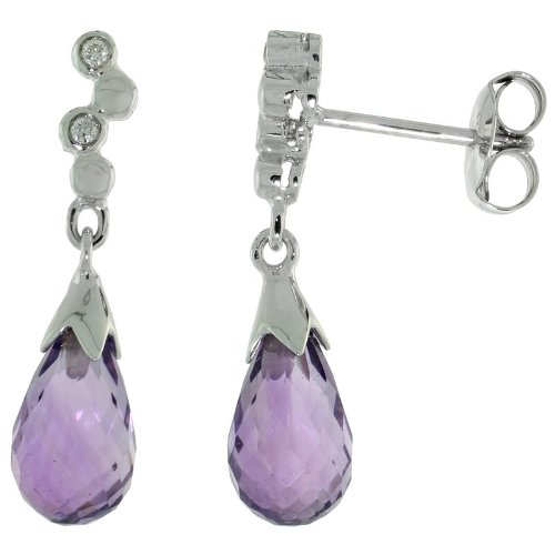 10K White Gold Amethyst and Diamond Earrings - 0.03ct Brilliant Cut Bubbles Design - 7/8 Inch (22mm) Dangle Earrings for Women - Perfect for Weddings, Parties & Special Occasions