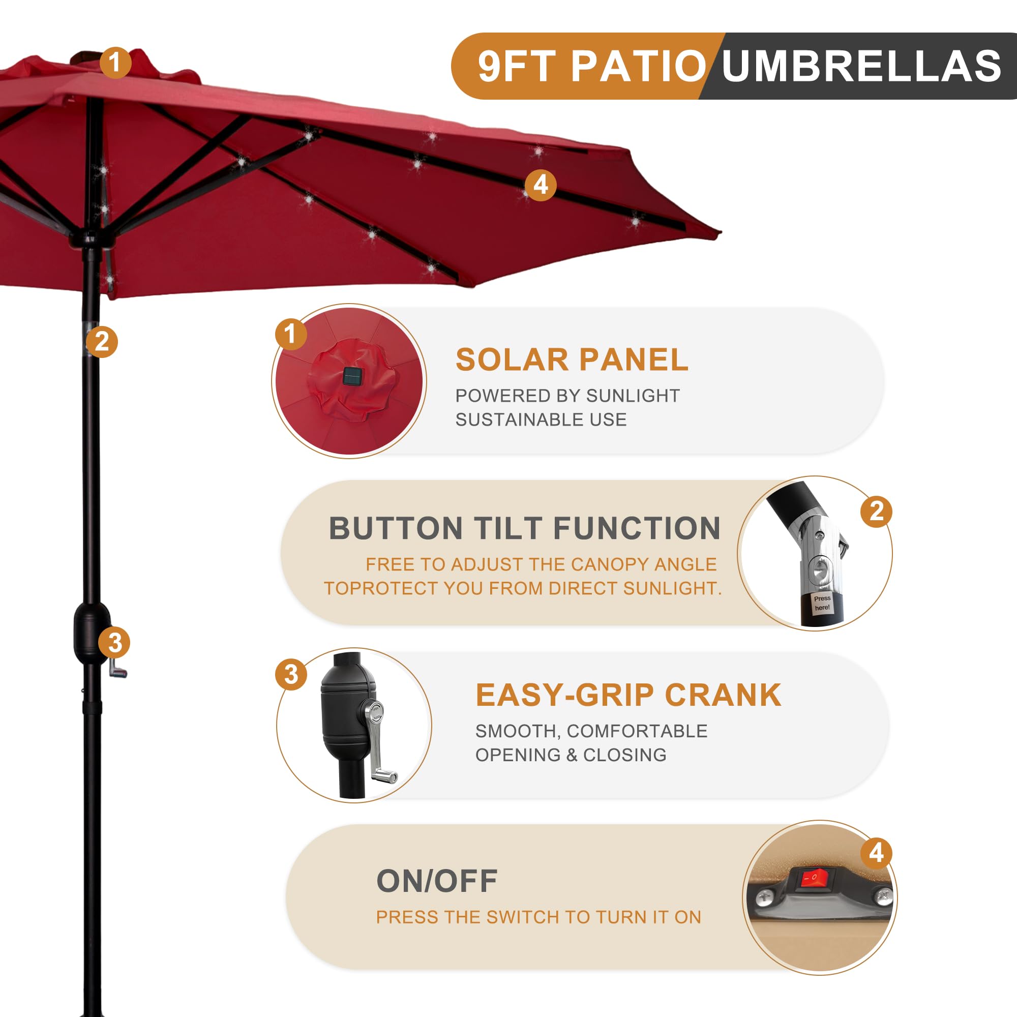 9FT Solar LED Patio Umbrella with Push Button Tilt & Crank - Waterproof Outdoor Umbrella with UV Protection for Pool, Deck, Garden - Perfect for Backyard, Porch & Outdoor Dining (Red)