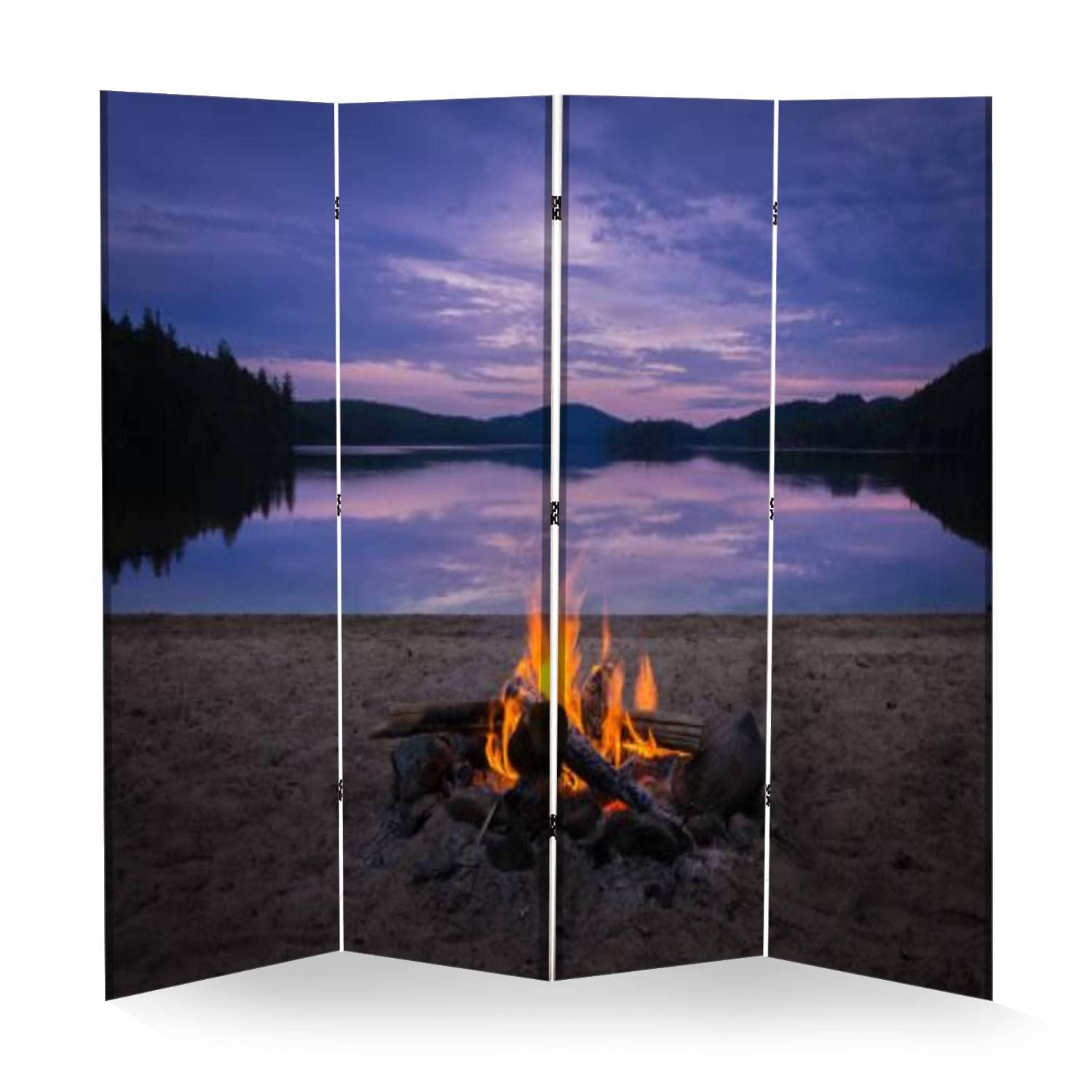 Wooden Room Divider with Campfire & Beach Scenes - 4-Panel Folding Privacy Screen for Home, Office & Camping | Dual-Sided Canvas Partition for Indoor Spaces & Kayak Trips