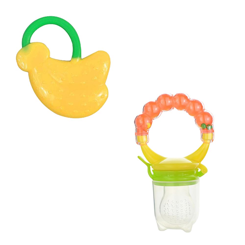 Joy Buzz Fruits Teether Rattle Nibbler - BPA-Free Silicone Baby Teething Toy with Rattle Sound | Safe Chewing Relief for 0-12 Month Olds | Yellow Banana & Orange | Perfect for Soothing Sore Gums During Playtime & Travel
