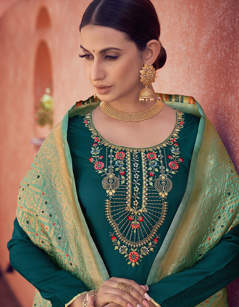 Blue Tussar Satin Butti Pant Suit for Women | Elegant Indian Ethnic Wear | Perfect for Weddings, Festivals & Special Occasions