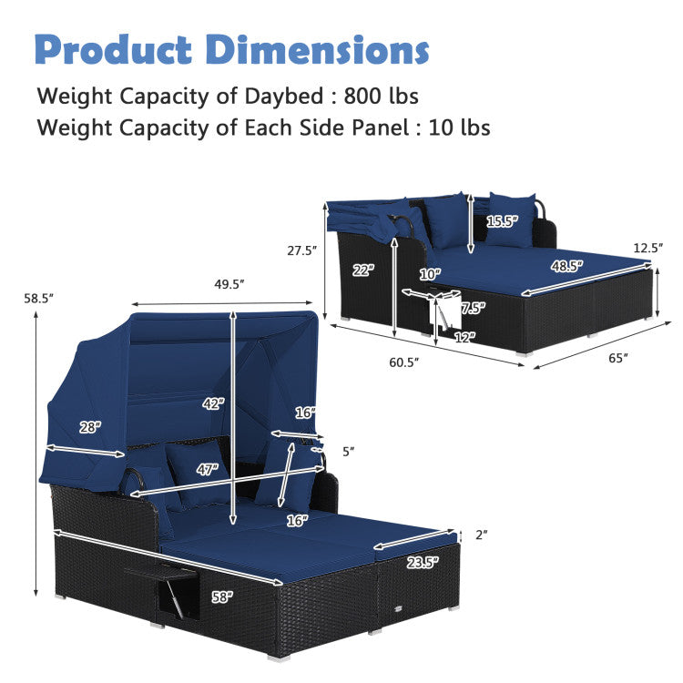 Costway Outdoor Patio Rattan Daybed with Retractable Canopy & Side Tables - Black - Perfect for Poolside Lounging, Garden Relaxation & Backyard Sunbathing