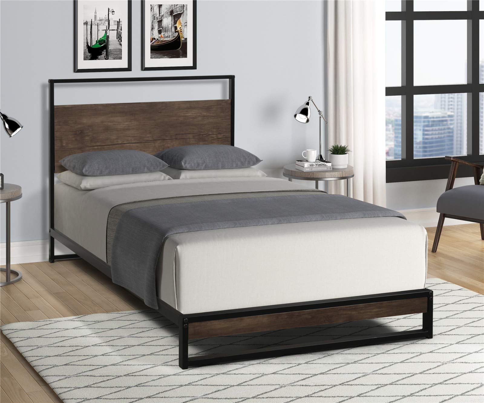 Modern Industrial Metal Bed Frame with Headboard - Sturdy Wood Slat Support & Under-Bed Storage Space | Perfect for Small Apartments, Guest Rooms & Minimalist Bedroom Decor