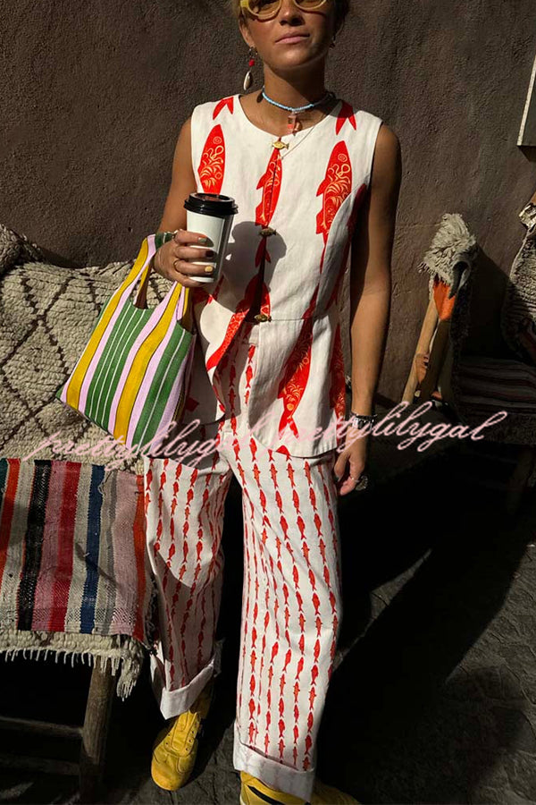Good Luck Linen Blend Koi Fish Pattern High Rise Elastic Waist Loose Pants for Women - Comfortable Casual Trousers for Yoga, Travel and Everyday Wear