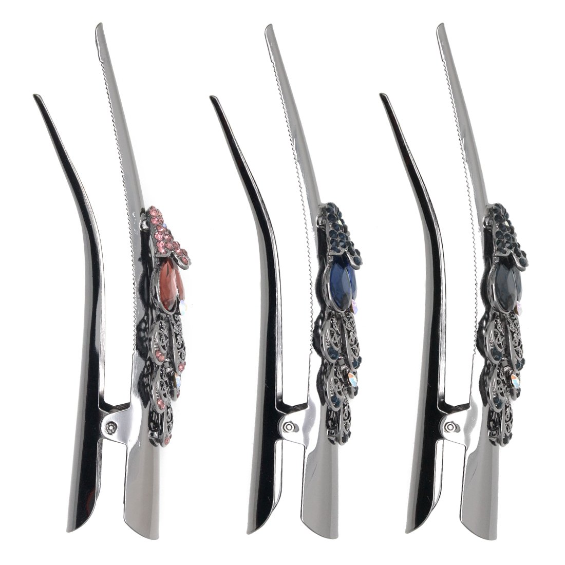 HOLLIHI 3-Pack Large Metal Alligator Hair Clips for Women - Strong Non-Slip Hair Grips for Thick Hair, Silver Gray (Peacock) | Perfect for Updos, Ponytails & Everyday Hairstyles