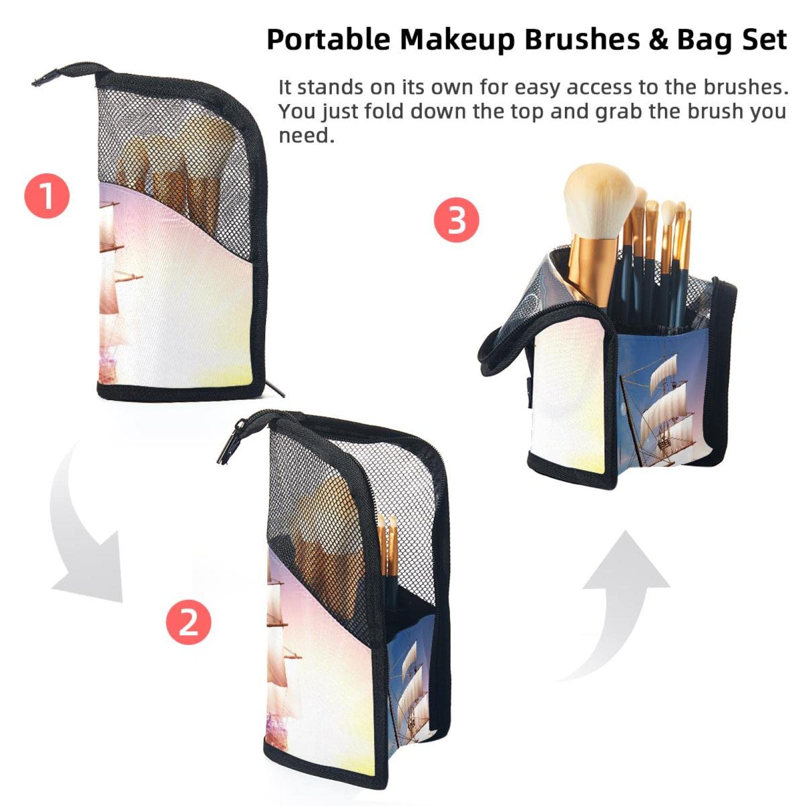 **12-Piece Makeup Brush Organizer Bag with Sea Sunrise Ocean Sailboat Design - Portable Waterproof Cosmetic Brush Holder Case for Travel, Home & Professional Makeup Artists**