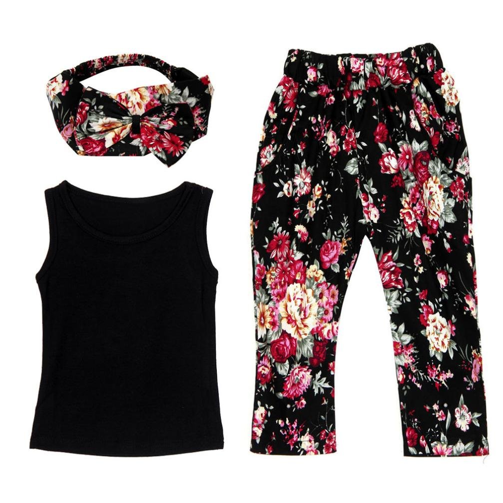 Haoricu Girls Clothes Set - 2017 Summer Baby Girls Sleeveless Top + Floral Pants + Hairband Outfit | Toddler Summer Fashion for Playdates & Outdoor Activities