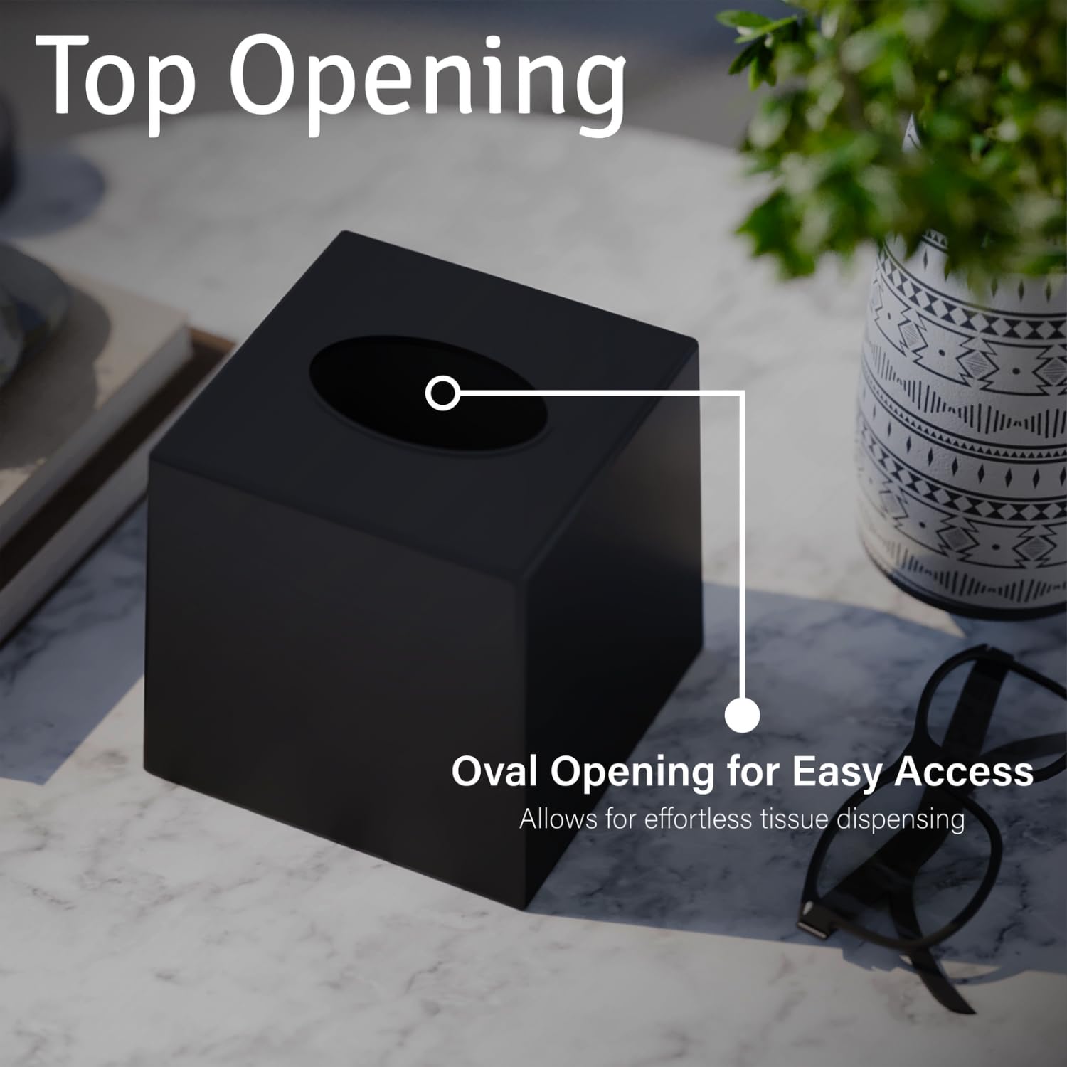 Black Square Plastic Tissue Box Cover - Decorative Cube Tissue Holder Dispenser for Living Room, Office Desk & Vanity Countertop (5.5