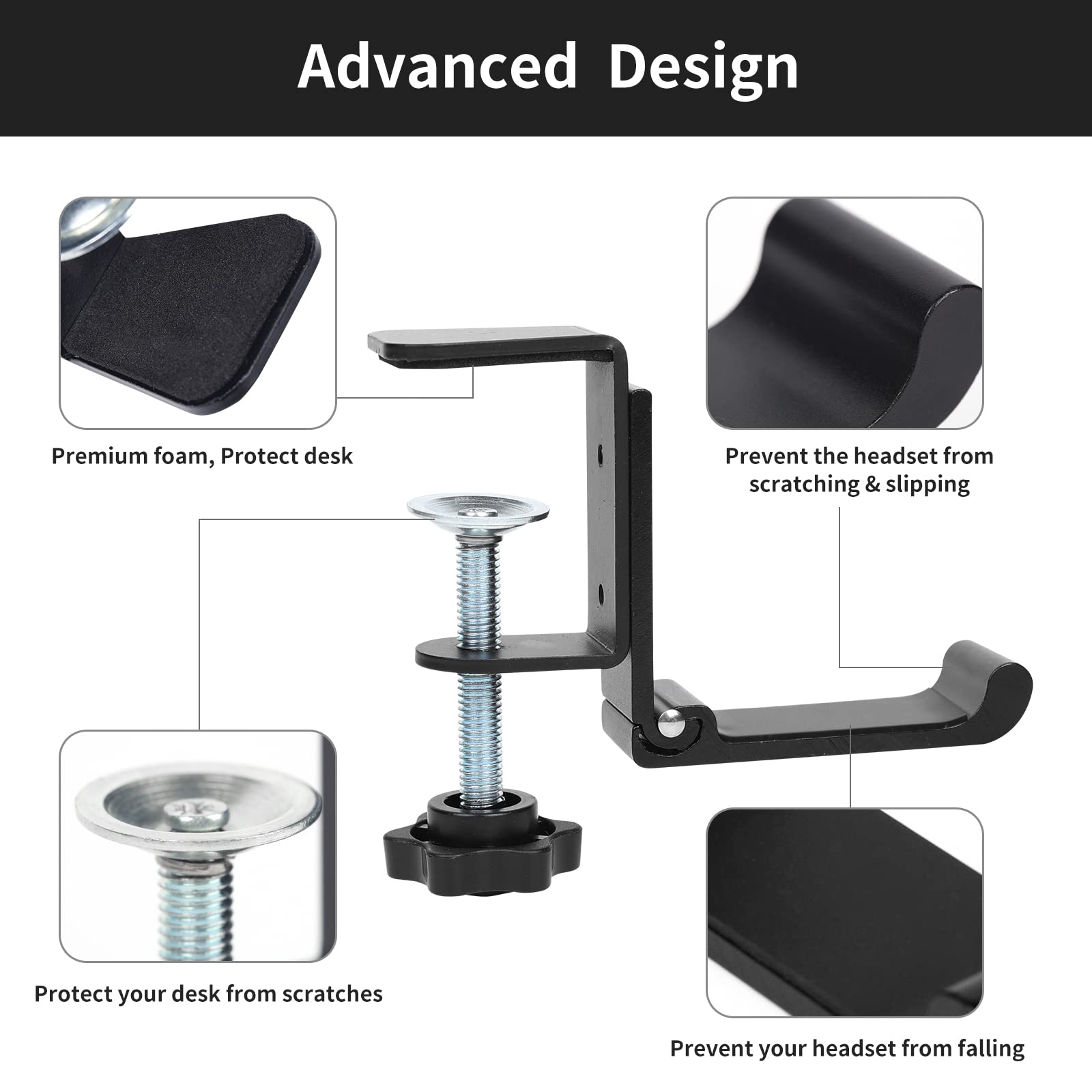 Adjustable Headphone Hook (1 Pack) - Under Desk Gaming Headset Hanger, Universal PC Headphones Stand & Soundbar Mount with Clamp - Perfect for Gaming Setup, Office Organization & Home Audio Systems
