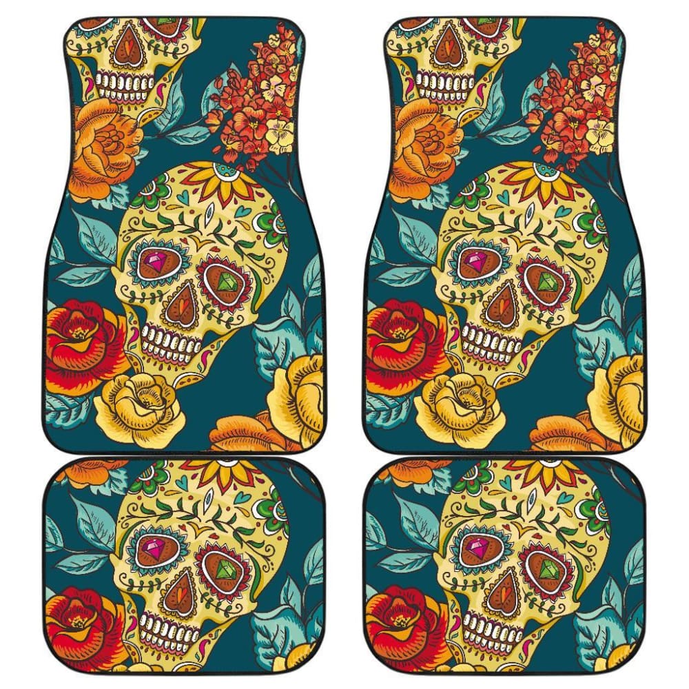 2 Pcs Day of The Dead Sugar Skulls Car Mats - Colorful Mexican Style Floor Mats for Halloween, Dia de Los Muertos - Perfect for Cars, Trucks, and SUVs