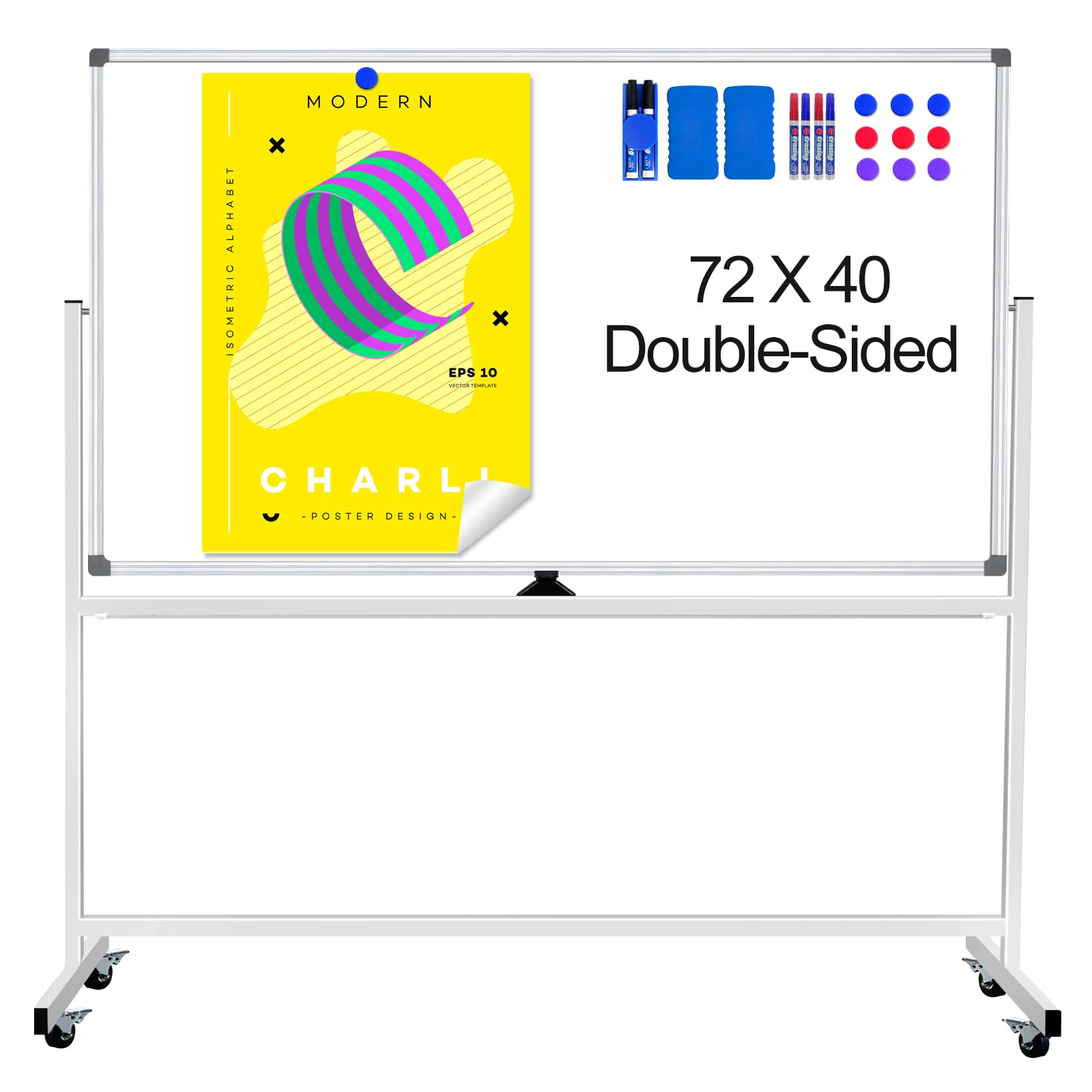 72 x 40 Inch Large Magnetic Dry Erase Board on Wheels - Double Sided Mobile Whiteboard with Stand | Includes 3 Erasers, 6 Markers & 10 Magnets | Perfect for Classrooms, Offices & Home Use