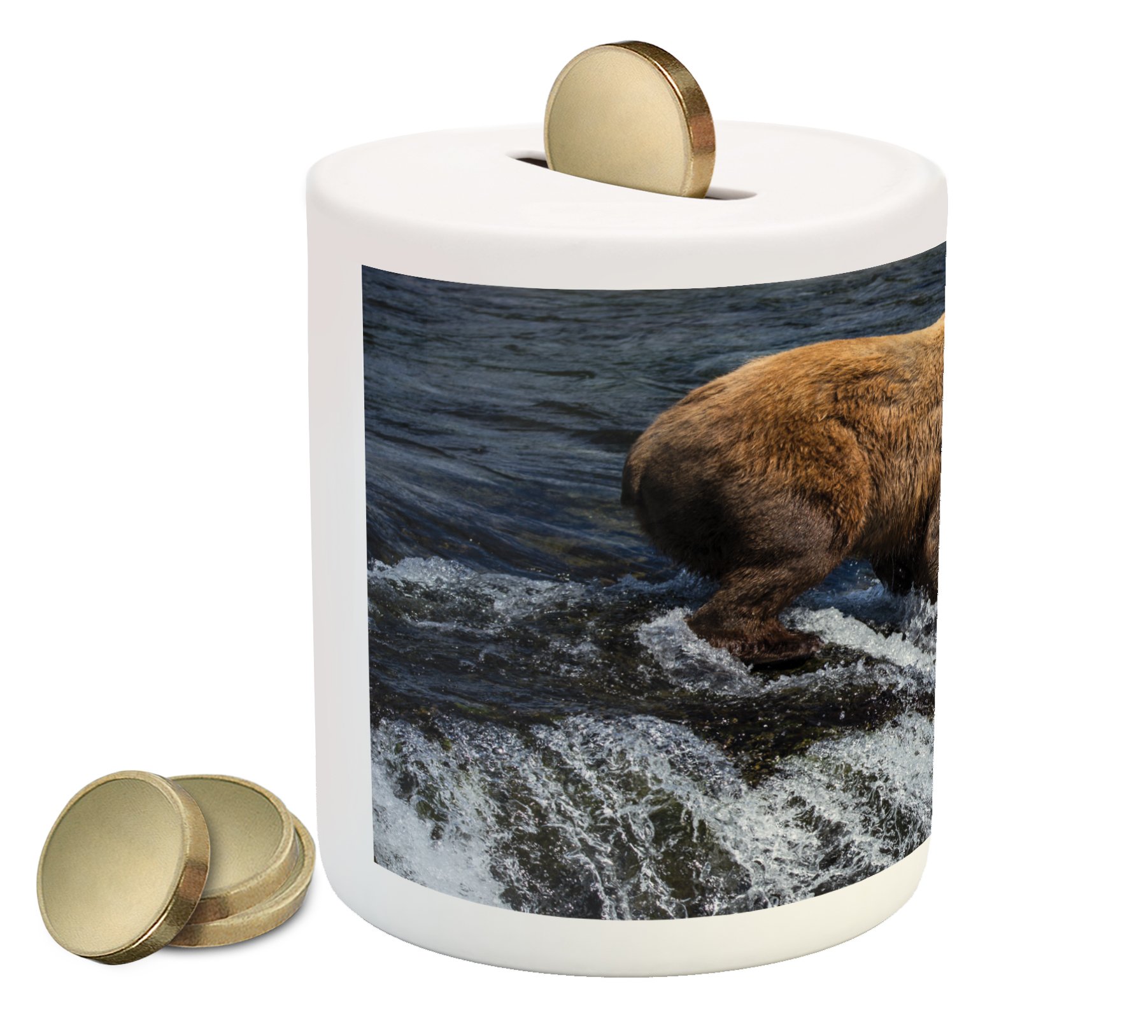 Lunarable National Parks Ceramic Piggy Bank - Brown & White Bear in Stream Alaskan Wildlife Design | Money Saving Coin Bank for Kids & Adults | Perfect for Home Decor, Gift Giving & Financial Education