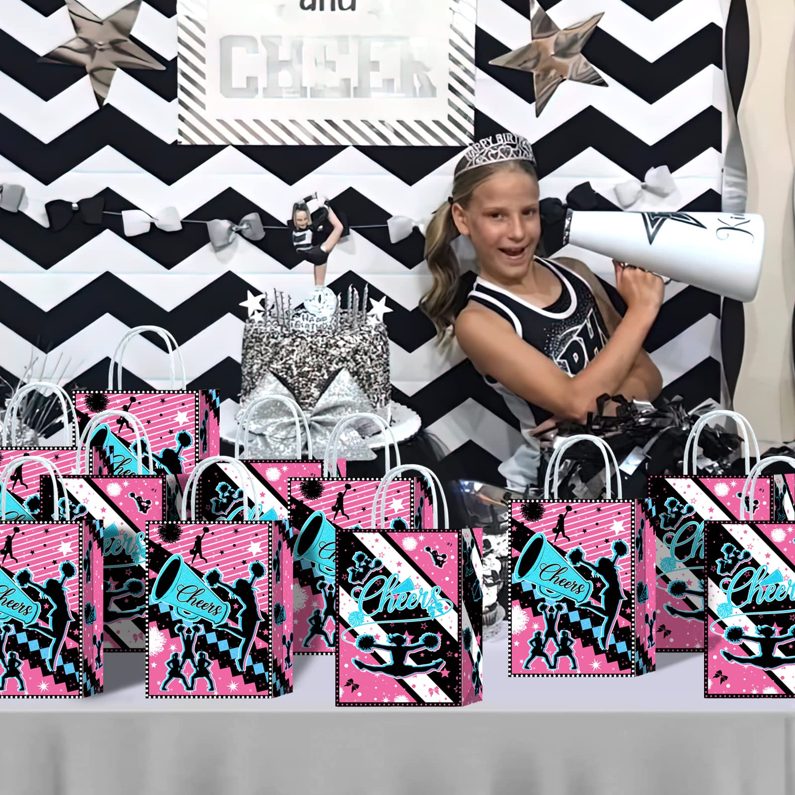 16-Piece Cheerleading Goodie Bags Set - Cheerleader Theme Party Supplies for Gymnastics, Birthday & Team Events - Includes Snack Treat Bags with Handles - Perfect for Cheerleading Decorations, Team Gifts & Party Favors