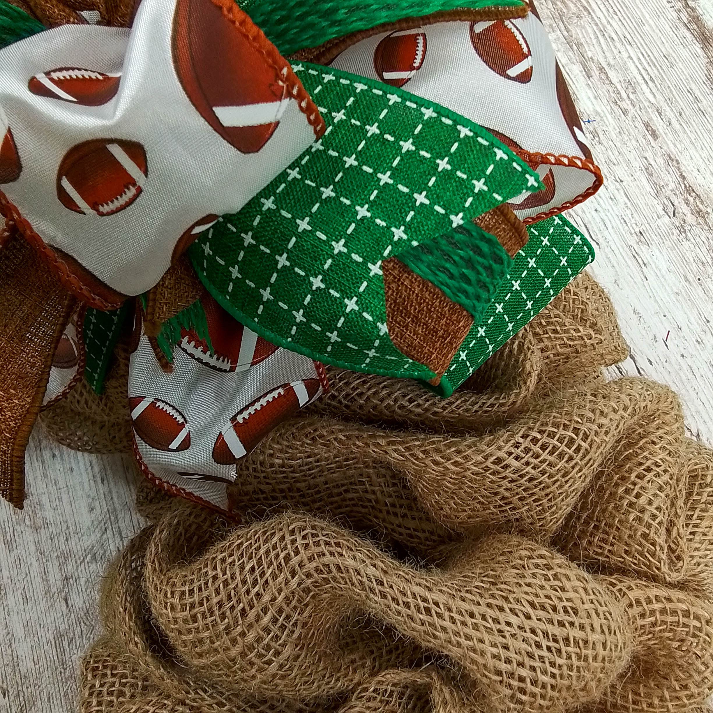Handmade Burlap Wreath Bow Embellishments - Farmhouse Style Layered Lantern Wreath Decor (Set of 10, Green/Brown Football Theme) - Perfect for DIY Wreath Making, Front Door Decor, and Seasonal Home Decoration