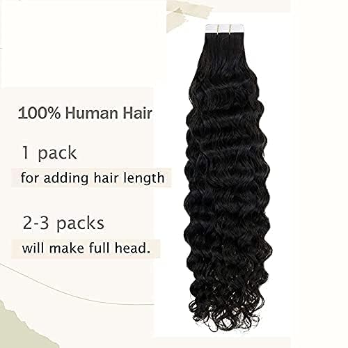 Brazilian Remy Human Hair Extensions - 100g 40pcs Loose Curly Tape in Deep Seamless Skin Weft (28inch, Natural Black) | Glue-On Hair Extensions for Volume & Length | Perfect for Parties, Weddings & Daily Styling
