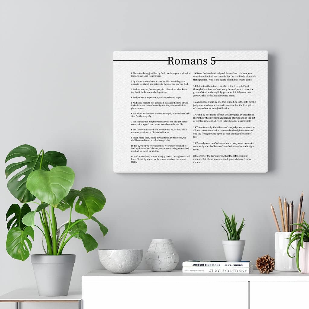 Bible Art Canvas - Romans Chapter 5 Landscape Christian Wall Decor | White Scripture Print for Home, Church & Office | Inspirational Gift for Weddings, Baptisms & Religious Occasions