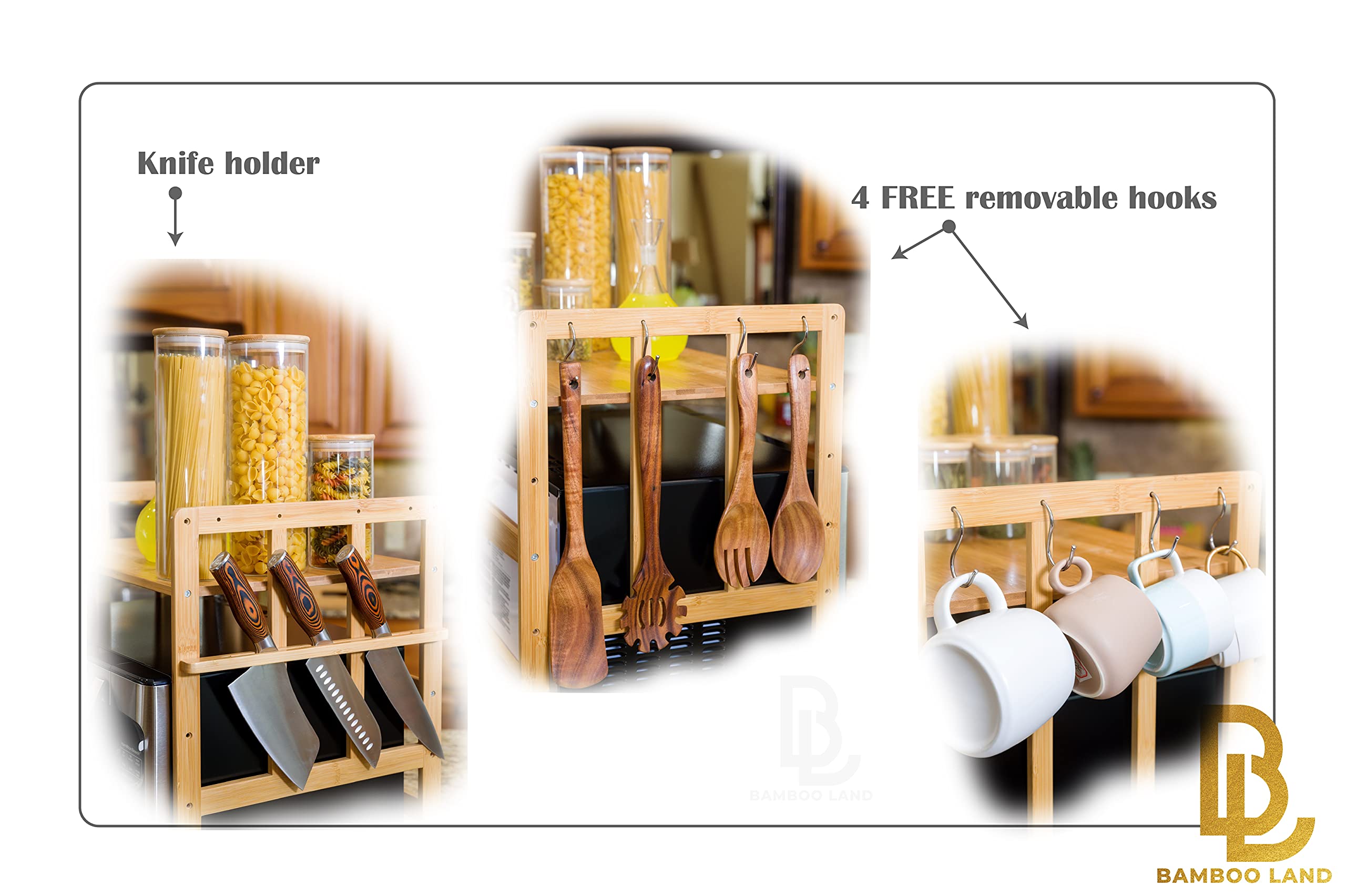 Bamboo Microwave Oven Rack with Hooks & Built-In Knife Holder - Space Saving Microwave Shelf Stand for Countertop Organization - Perfect for Small Kitchens & Apartment Living