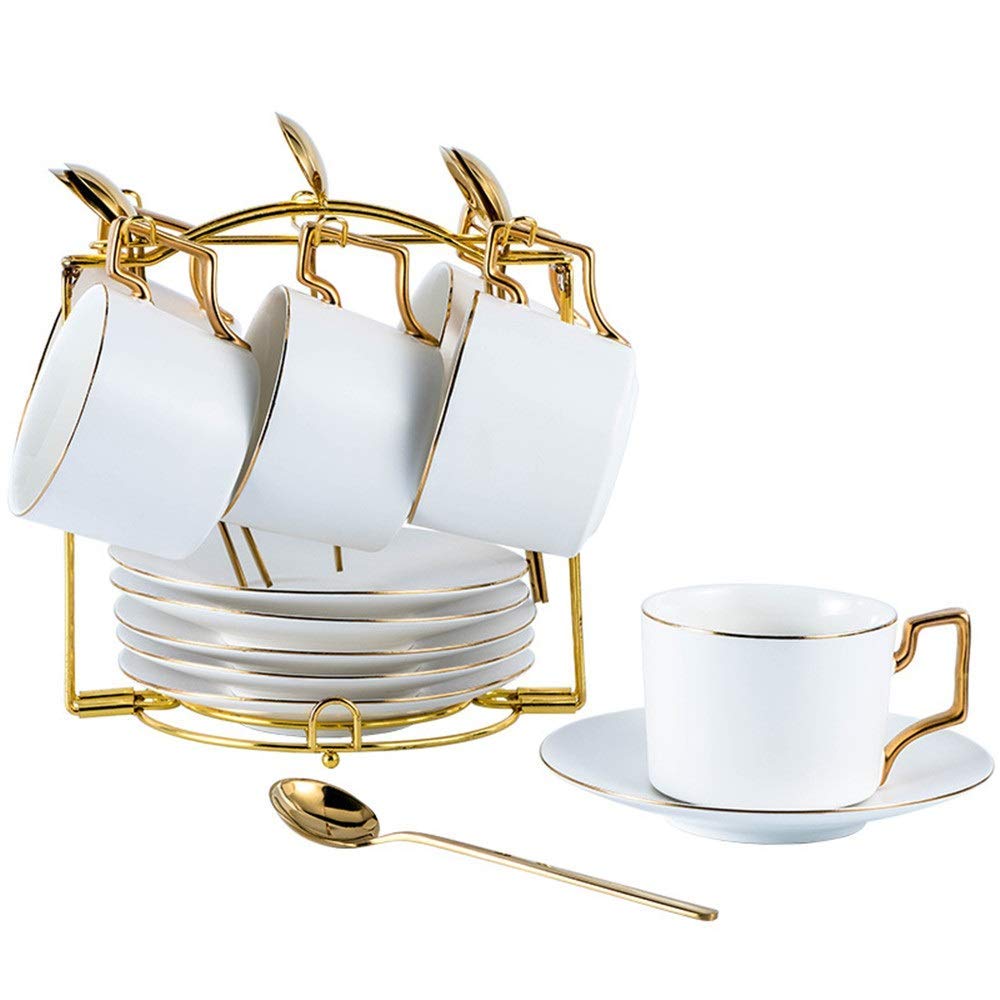 Nordic Style Ceramic Tea Cup Set with Gold Trim - 6 Piece Coffee & Tea Cups with Saucers & Metal Holder - Elegant Tea Set for Home, Office & Gifting