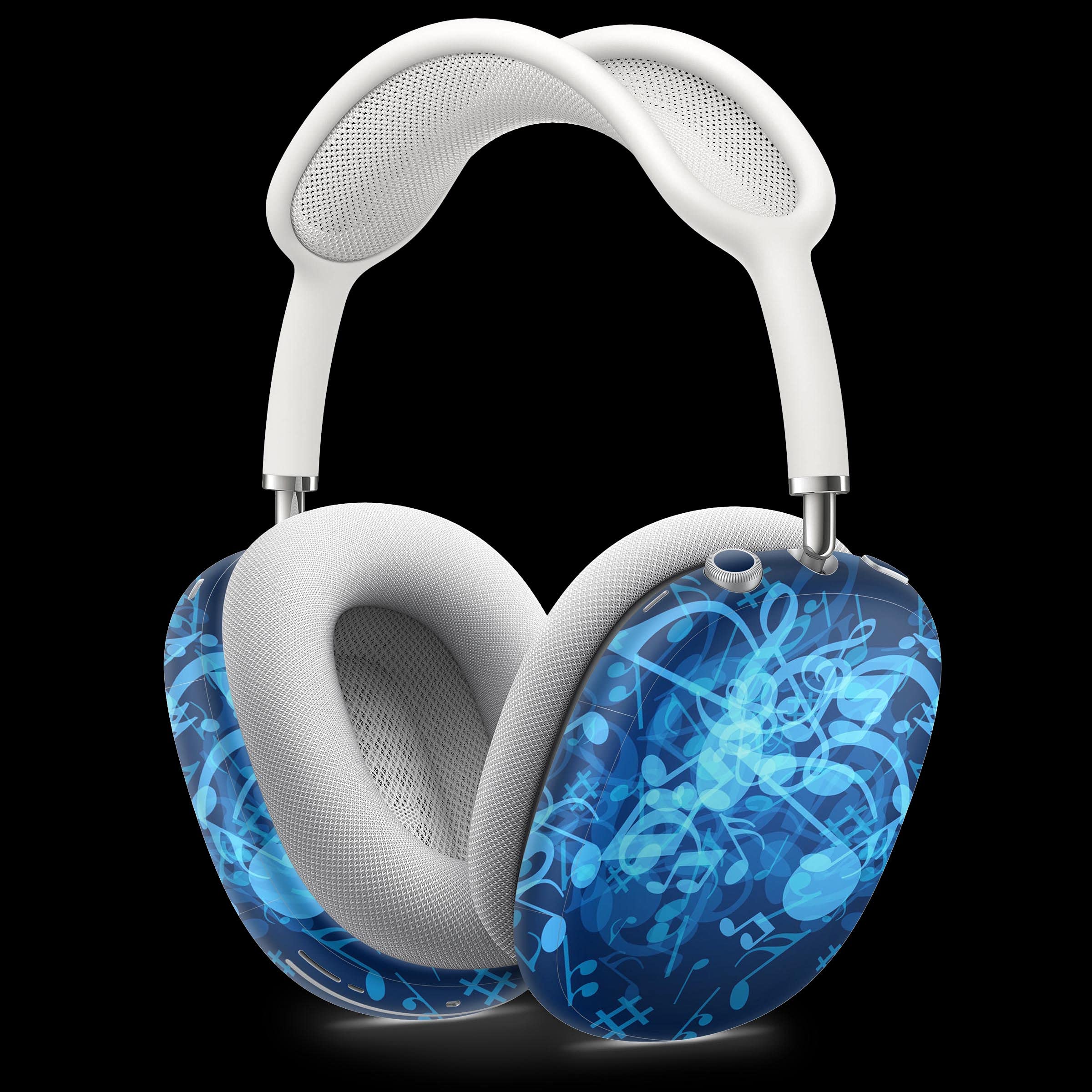 Glowing Blue Music Notes Vinyl Skin Wrap for Apple AirPods Pro Max - Full Body Protective Decal Cover Compatible with Wireless Bluetooth Headphones - Perfect for Music Lovers, DJs & Gift Giving