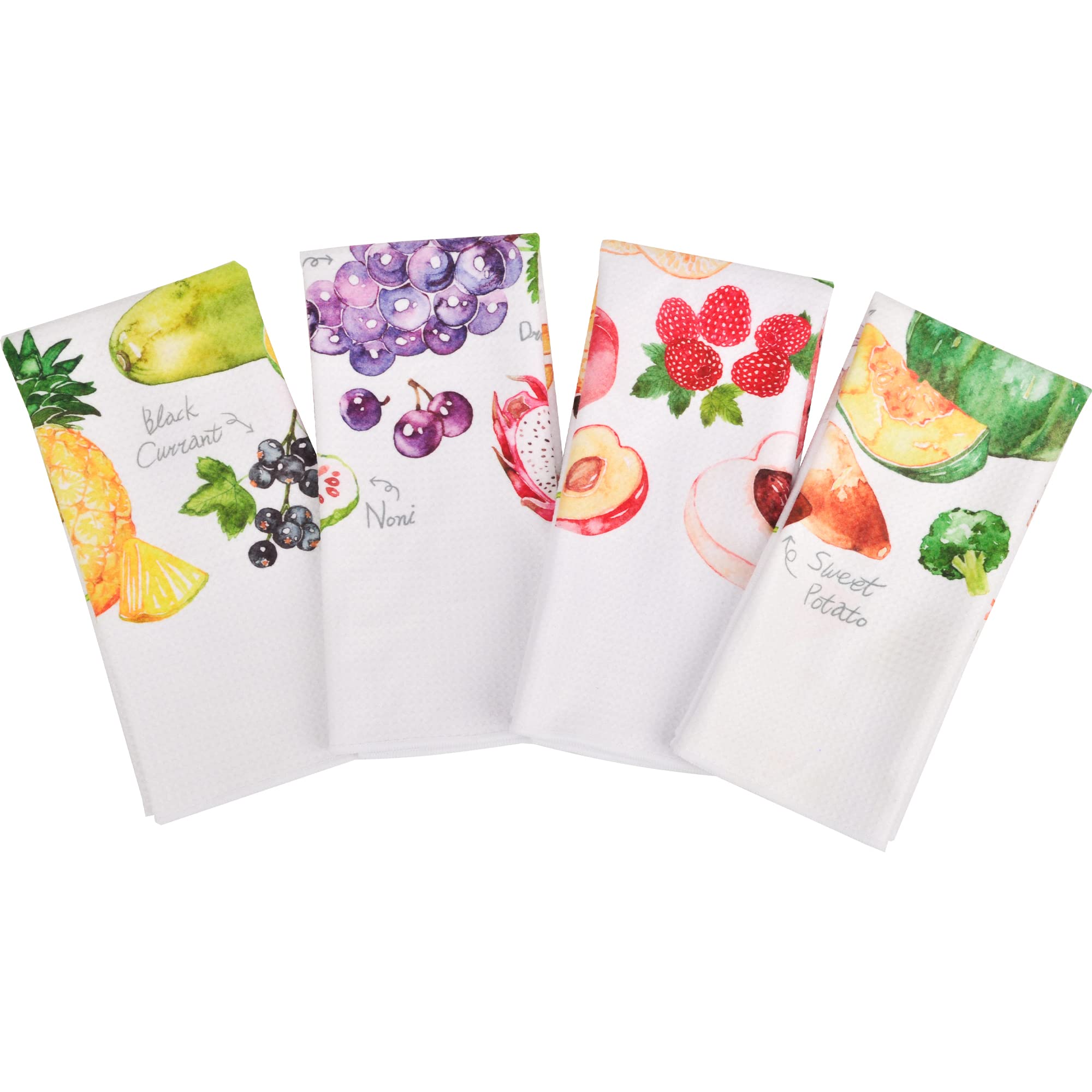 Rainleaf 4 Pack Waffle Weave Kitchen Towels - Super Absorbent Dish Cloths Set with Funny Sayings, Hand Towels & Flour Sack Tea Towels for Kitchen, Bathroom - Perfect Housewarming Gift, Birthday Present (Fruits Design) - Ideal for Drying Dishes, Cleaning Countertops & Decorating Your Home