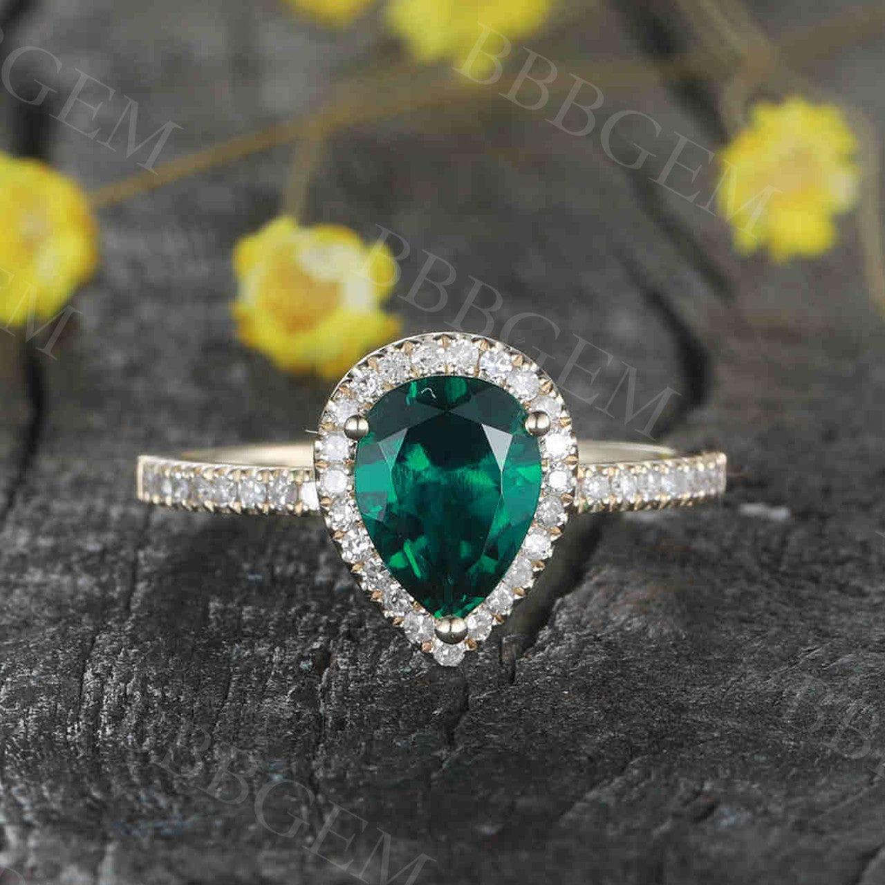 Emerald Diamond Engagement Ring 14K/18K Gold Pear Shape Halo Promise Ring for Women - Thin Stackable Wedding Band, Perfect for Proposals, Anniversaries & Everyday Elegance