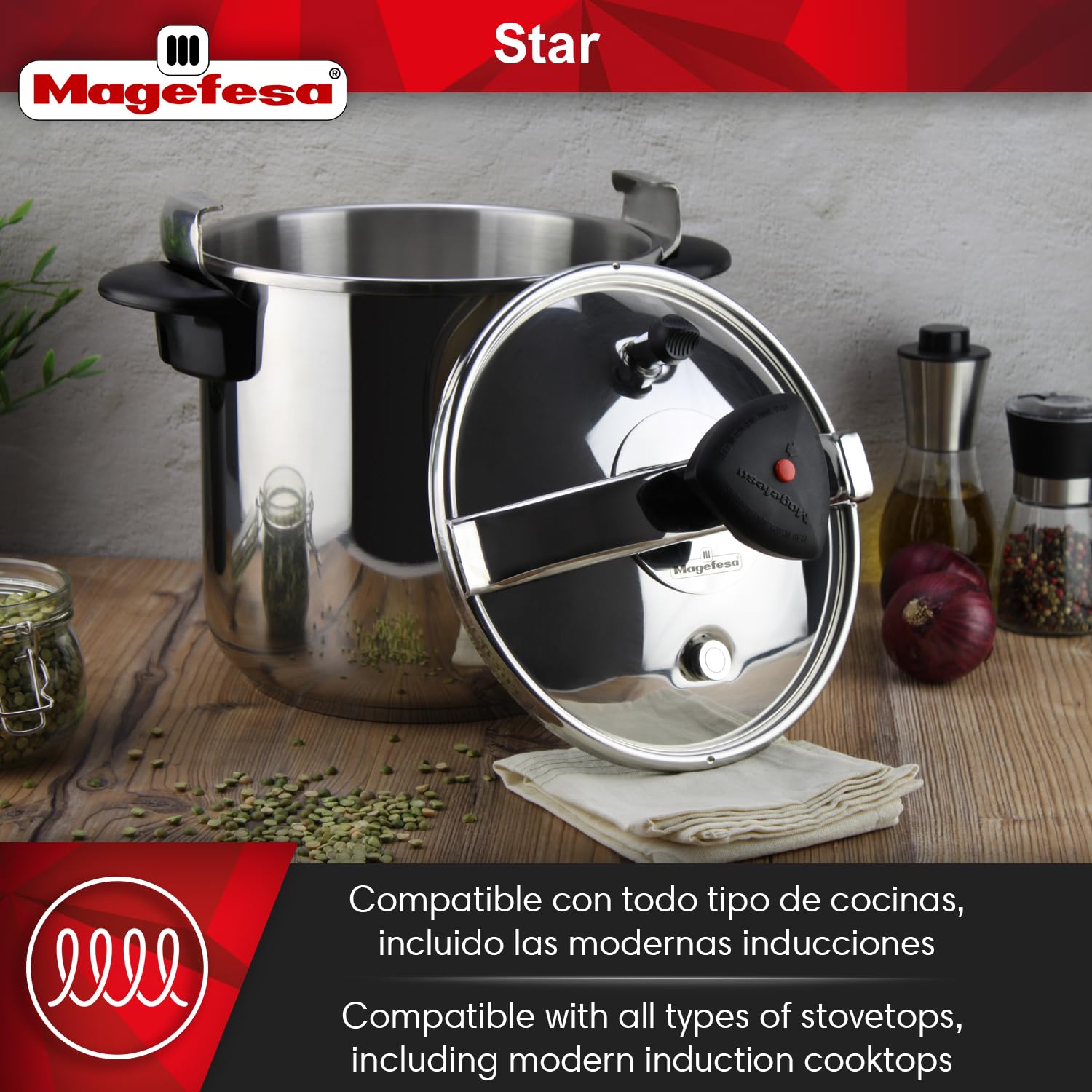 MAGEFESA 12.7-Quart Stainless Steel Pressure Cooker - 18/10 Induction Compatible for All Stovetops with Safety Lock & 8 PSI - Perfect for Home Cooking, Meal Prep & Large Family Dinners