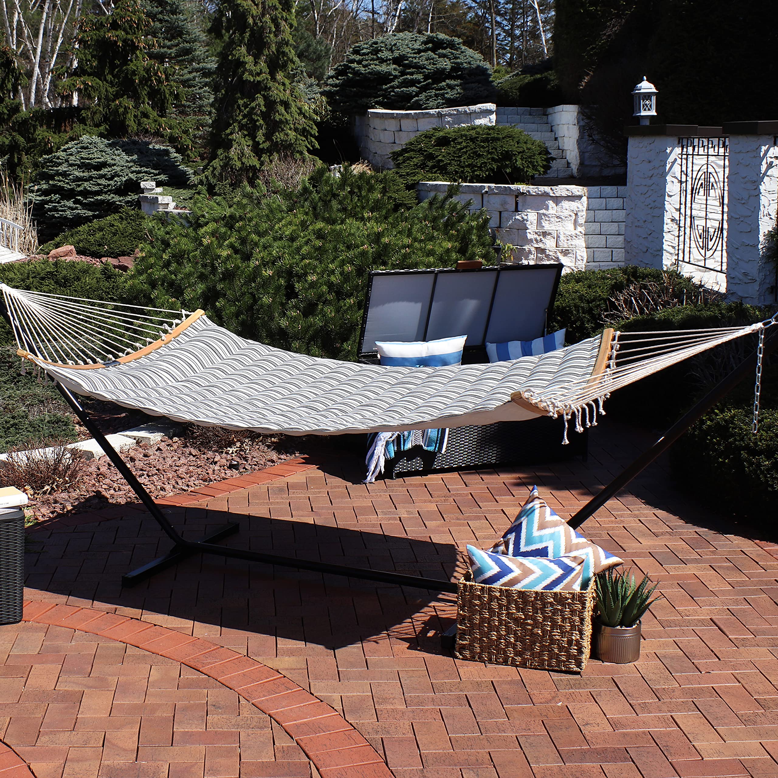 Premium Polycotton Double Hammock with Curved Bamboo Spreader Bars - 450 lb Capacity - Neutral Stripe Design - Perfect for Backyard Relaxation, Camping & Beach Trips