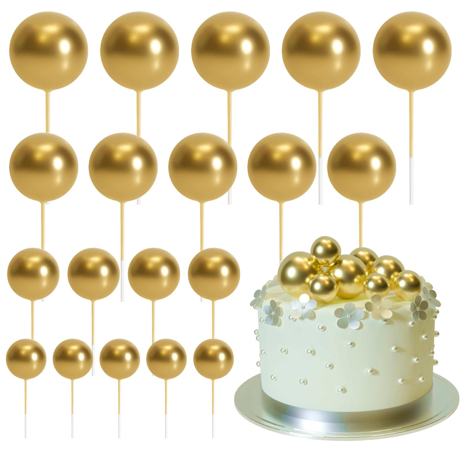 20 Pcs Gold Ball Cake Toppers - Mini Balloon Cake Decorations with Sticks for Christmas, Wedding, Birthday Parties - Perfect for Cupcakes, Desserts & Celebration Cakes