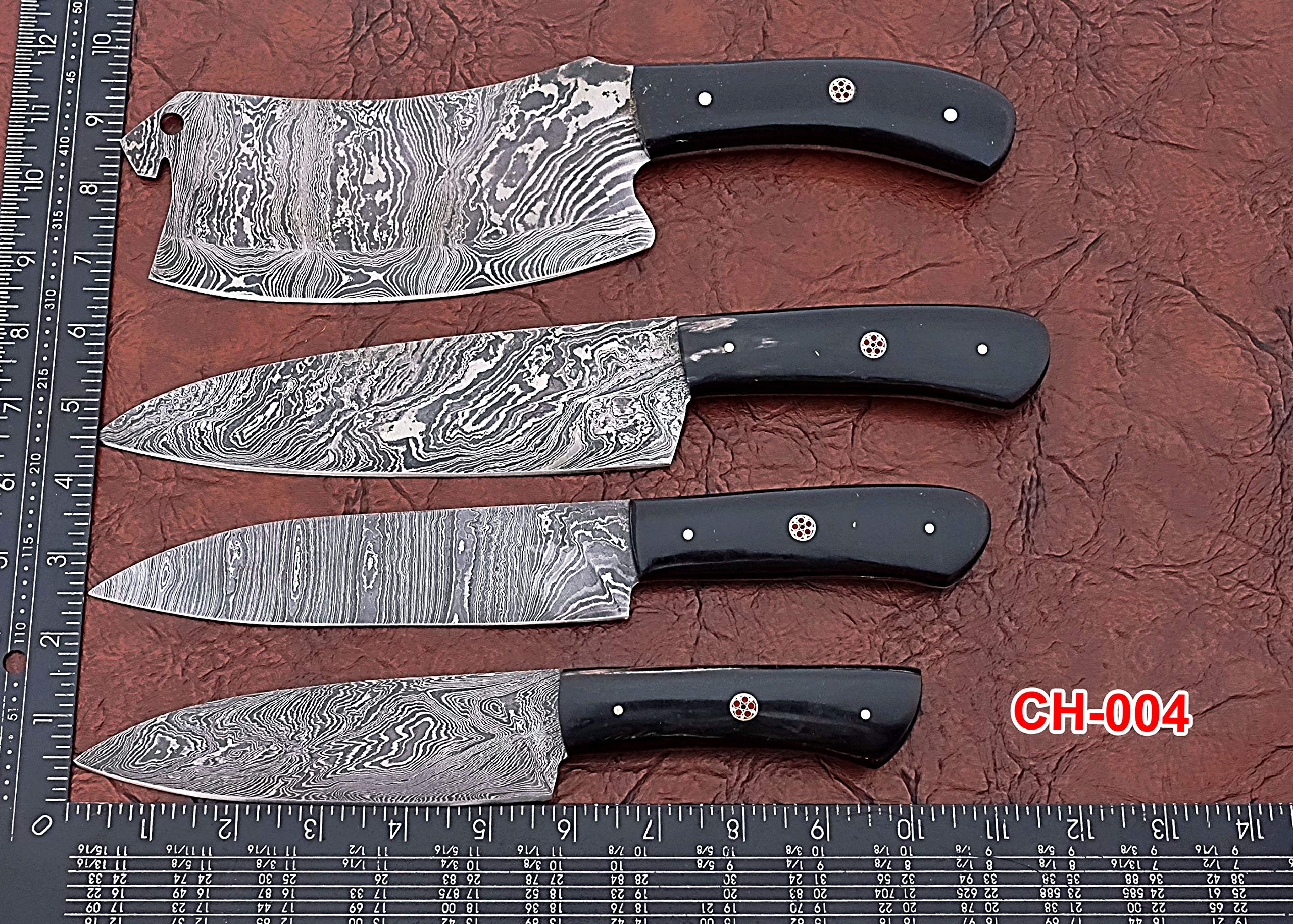 Premium 4-Piece Damascus Steel Chef Knife Set with Leather Roll Bag - Includes Chef, Slicing, Utility & Cleaver Knives - 45