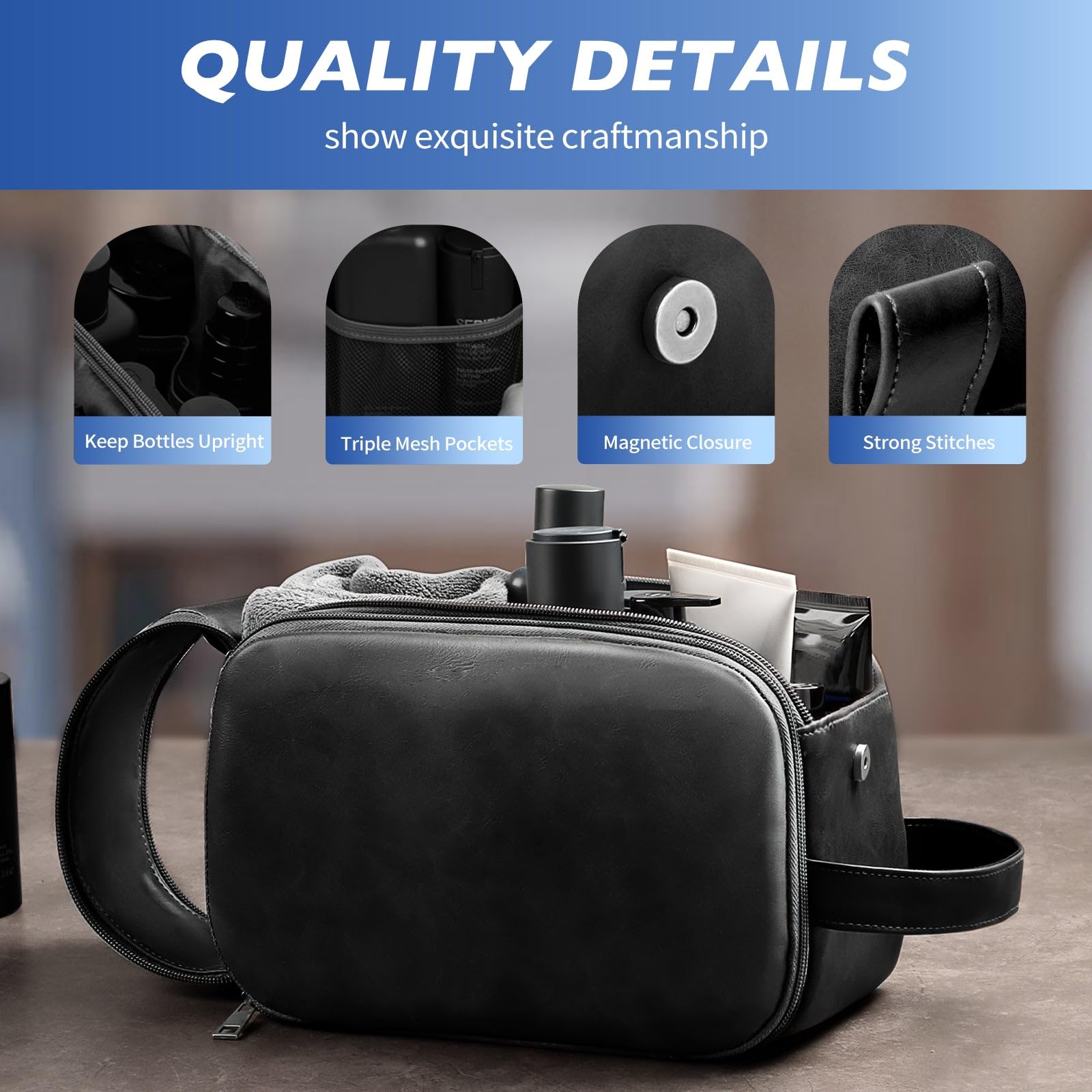 Premium Waterproof Travel Toiletry Bag for Women & Men - Leather Cosmetic Organizer with Handle, Compact Toiletries Case for Cruise, Business Trips & Vacation Essentials (Black, Medium Size) - Perfect for Airplane Carry-on, Gym & Weekend Getaways