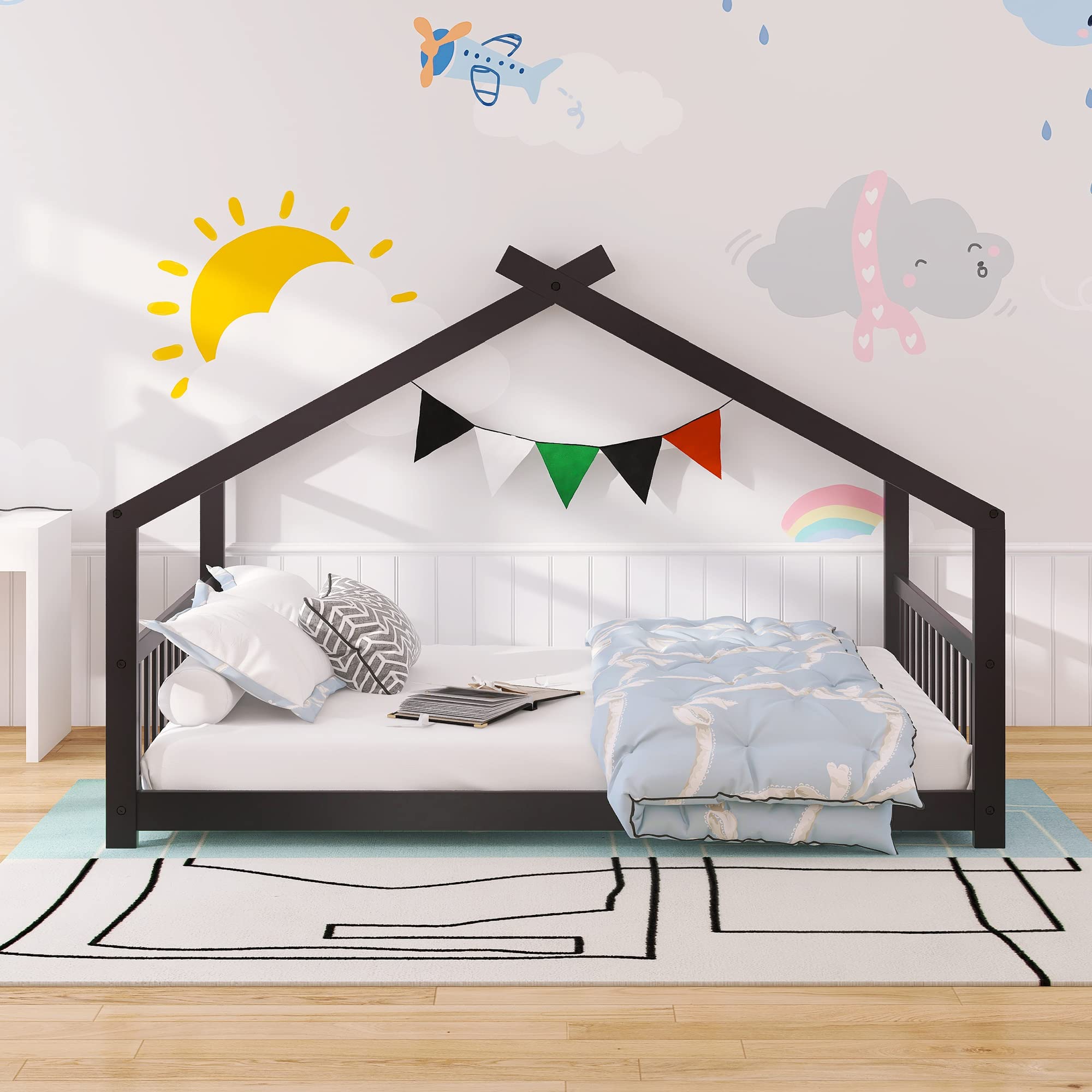 Full Size Wooden House Bed Frame for Kids with Headboard & Footrest - Sturdy Slatted Support, No Box Spring Needed - Espresso Finish - Perfect for Boys & Girls Bedrooms, Playrooms & Cozy Sleep Spaces