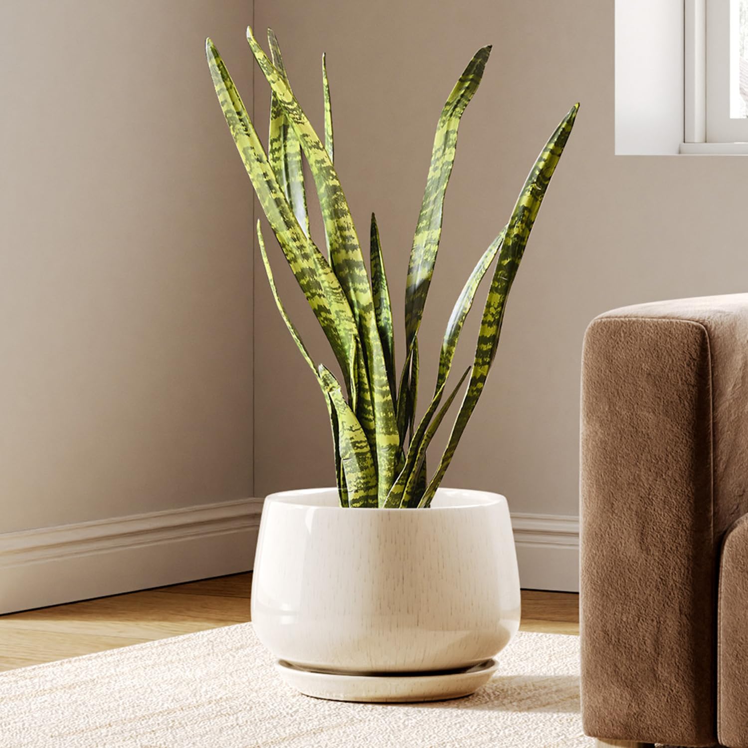 LE TAUCI 10 Inch Ceramic Plant Pot with Drainage Hole & Saucer - Stylish Indoor Flower Planter for Home Decor, Gift for Mom - Reactive Glaze Beige | Perfect for Living Room, Office, Balcony & Housewarming Gifts