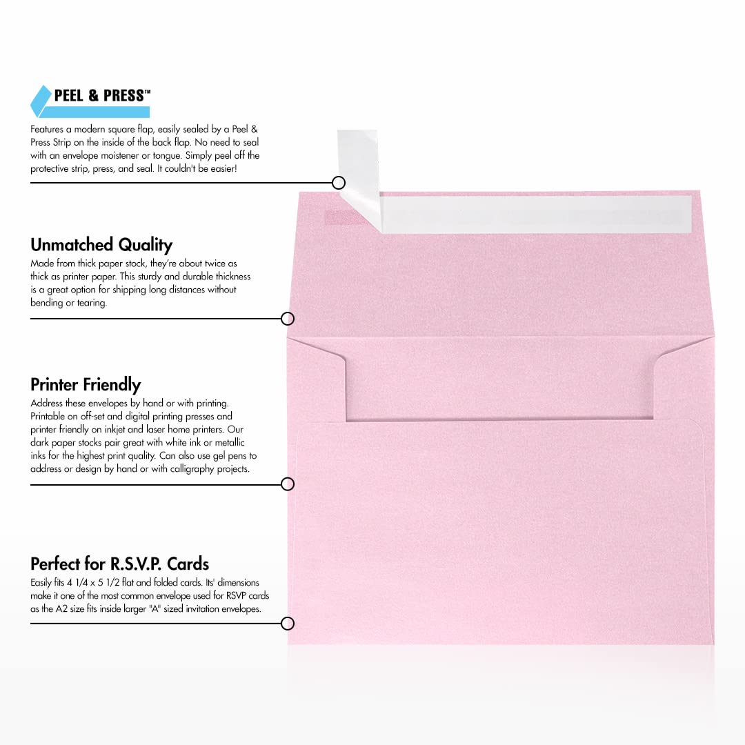 Premium A2 Invitation Envelopes (4 3/8 x 5 3/4 Inches) - 500 Pack Rose Quartz Pink Metallic Wedding Stationery - Perfect for Invitations, Greeting Cards, RSVP, and Special Occasions